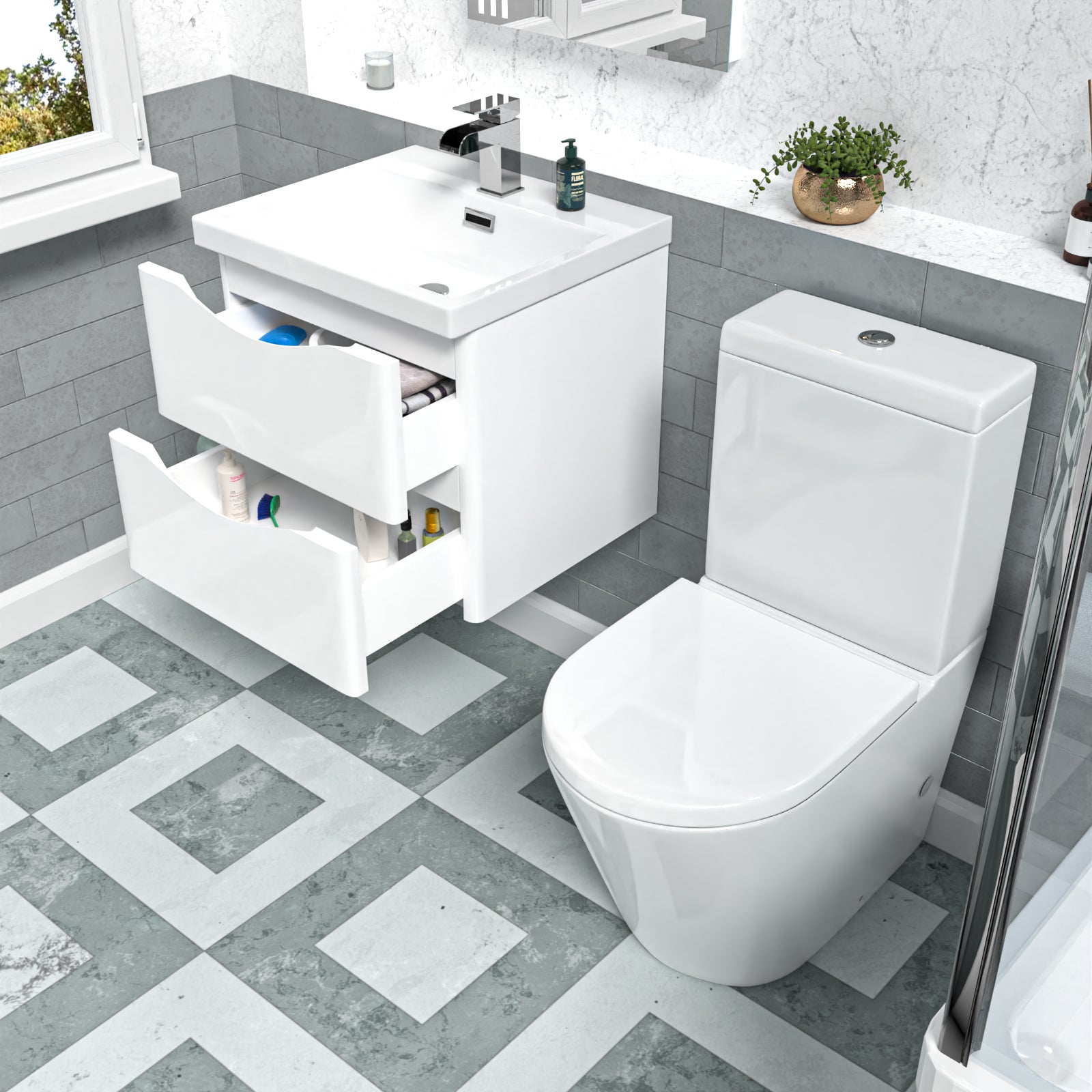 Merton 500mm White Wall Hung Vanity Basin Vanity & Close Coupled Toilet