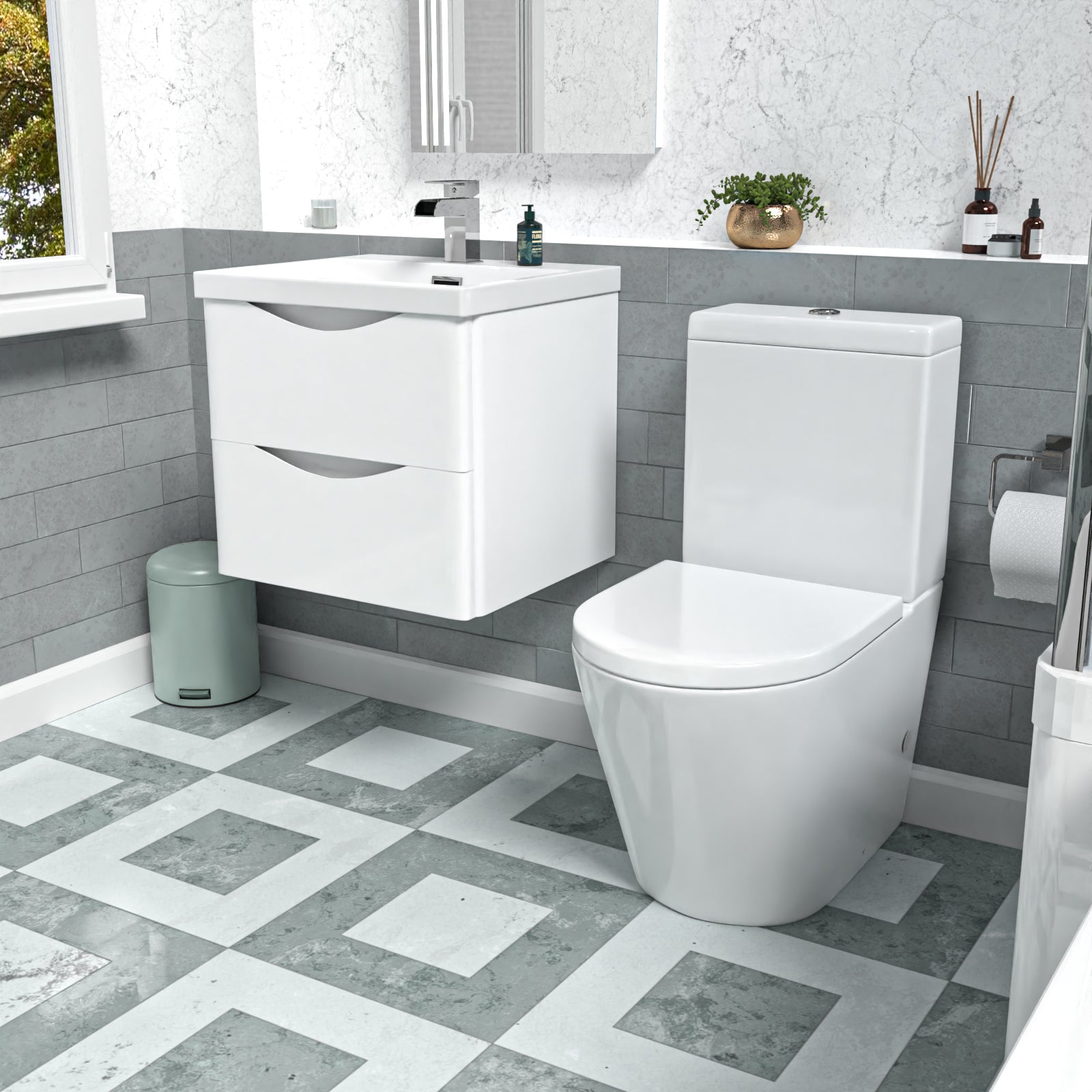 500mm White Wall Hung Vanity Basin Vanity & Close Coupled Toilet