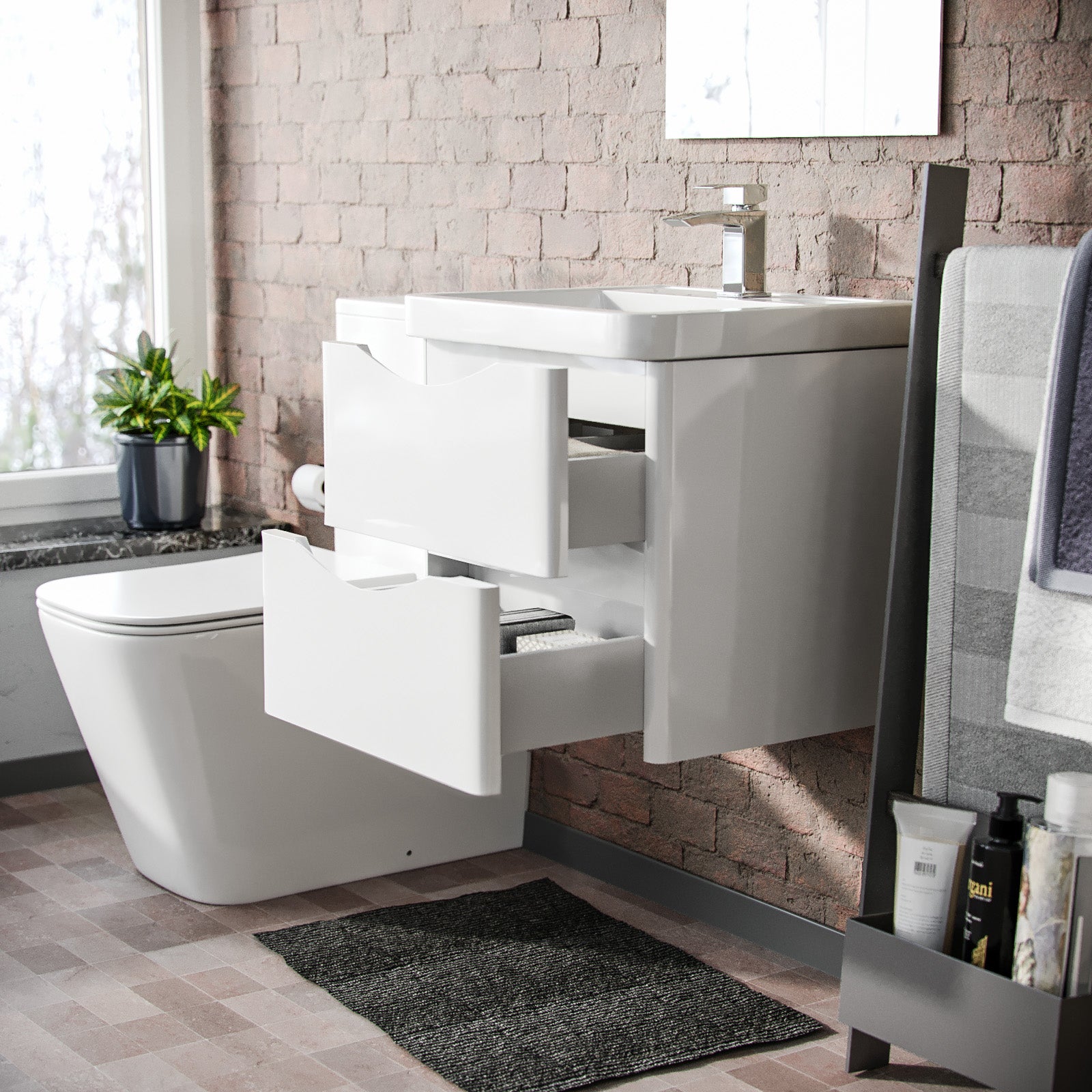 Merton 500mm Wall Hung Vanity Basin Unit & Square Rimless Close Coupled Toilet White Gloss