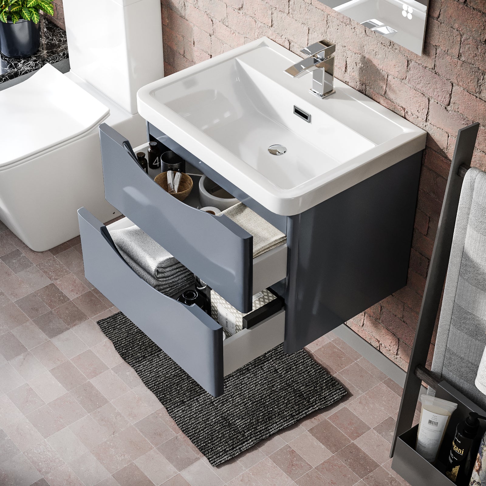 Merton Steel Grey 600mm Gloss Bathroom Wall Hung Basin Vanity Unit