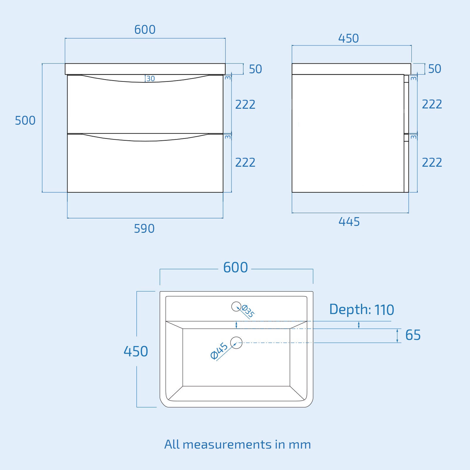 Merton Steel Grey 600mm Gloss Bathroom Wall Hung Basin Vanity Unit