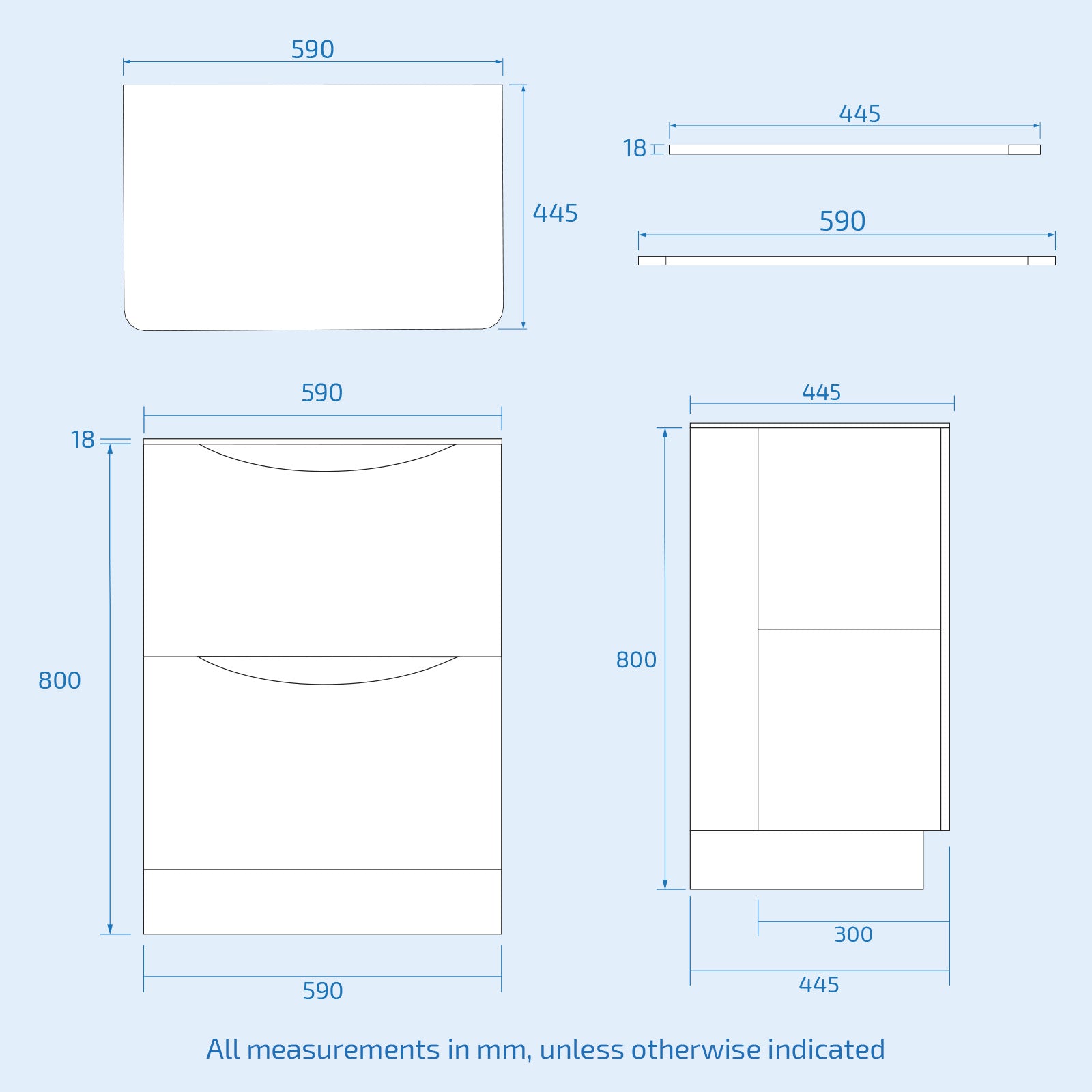 Dimensions of a bathroom vanity unit with measurements in millimeters.