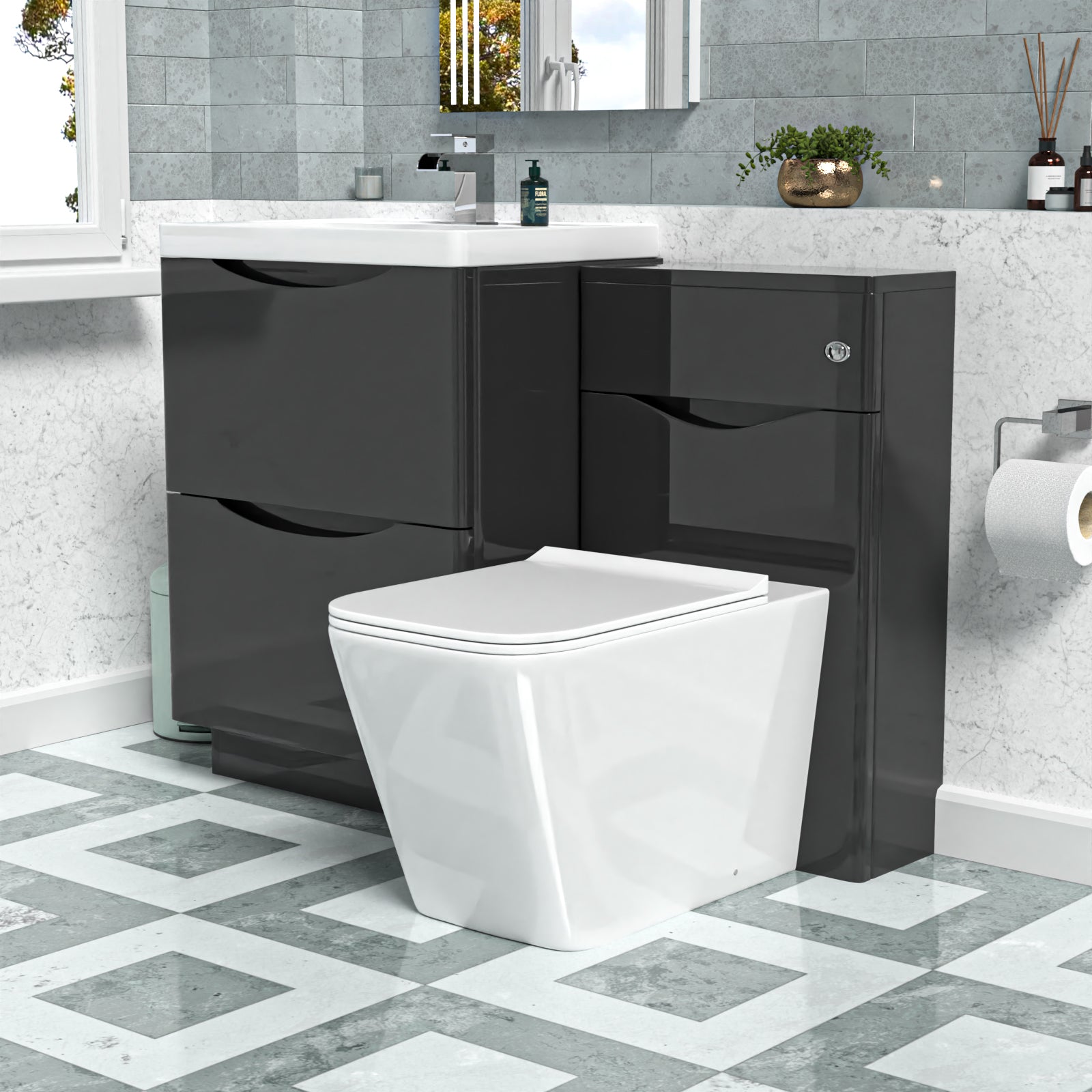 Merton Dark Grey 600mm Freestanding Basin Vanity WC Unit & Square BTW Toilet