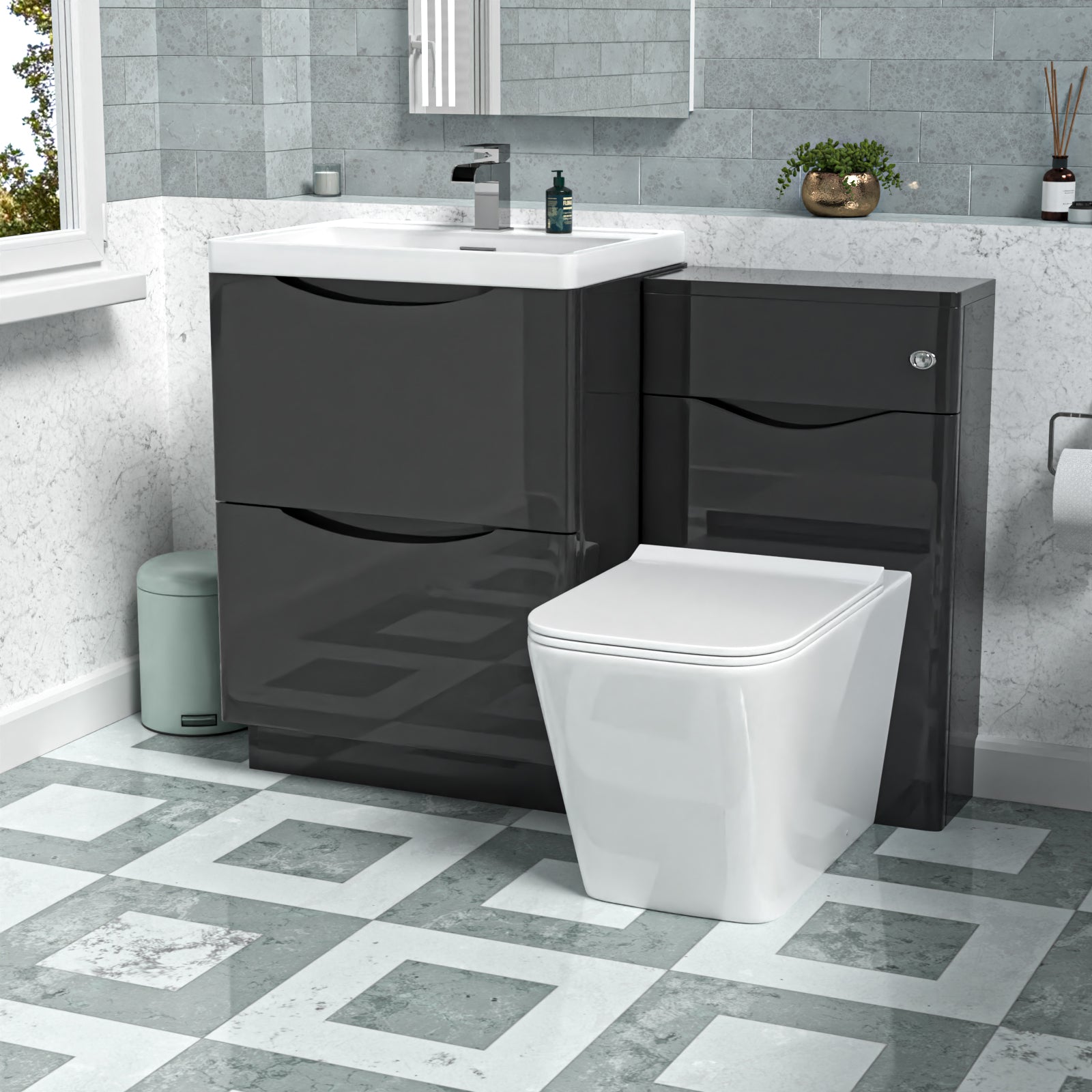 Merton Dark Grey 600mm Freestanding Basin Vanity WC Unit & Square BTW Toilet