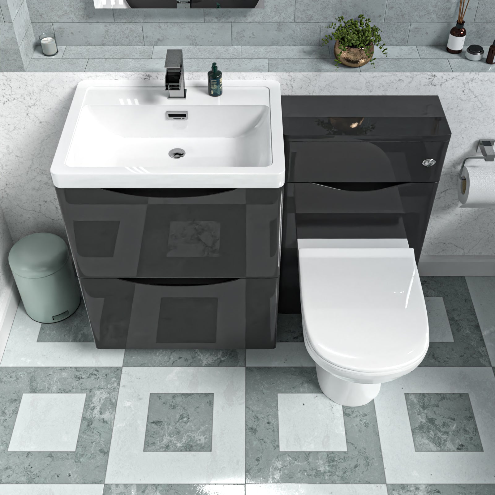 Merton Dark Grey 600mm Freestanding Basin Vanity WC Unit & Round BTW Toilet Set