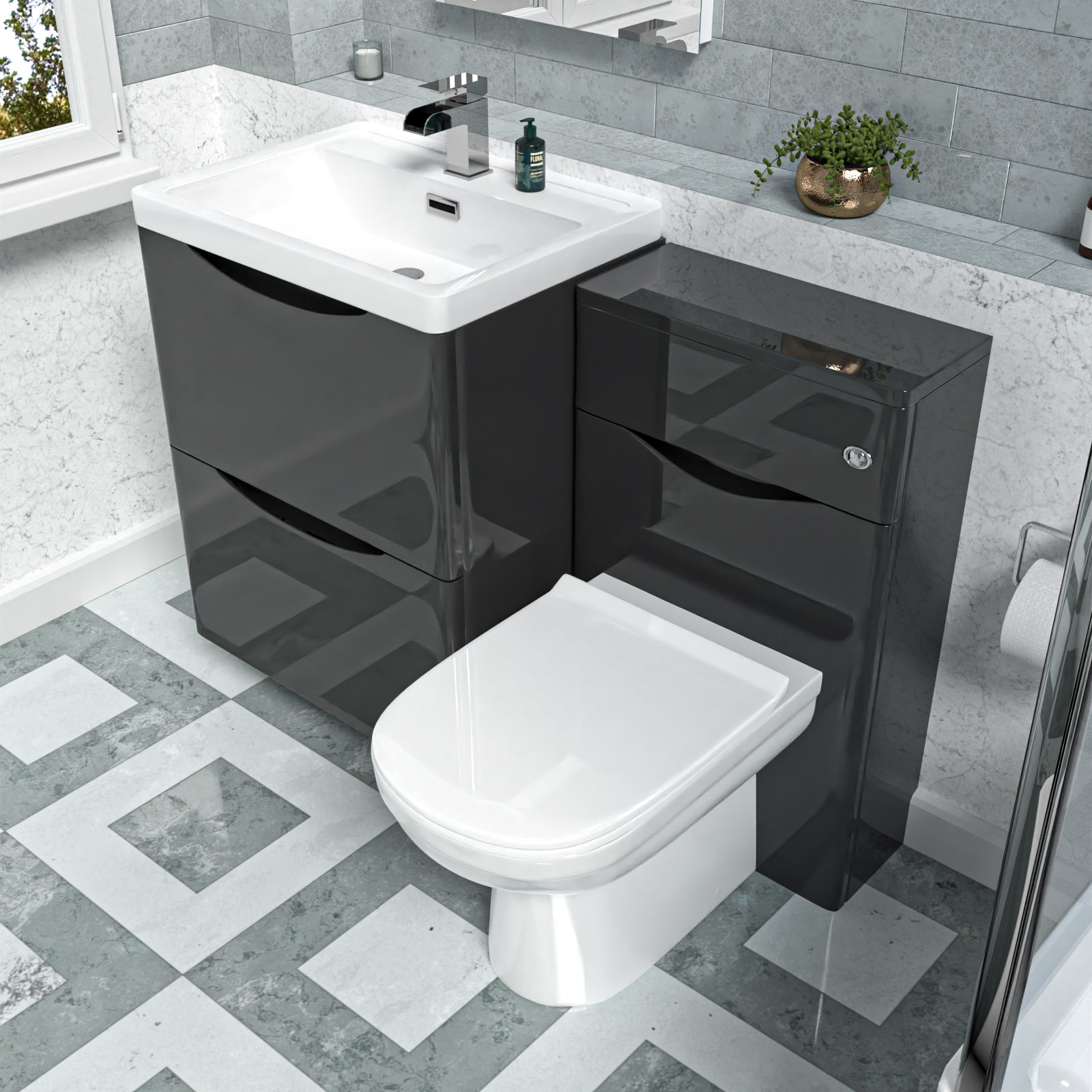 Merton Dark Grey 600mm Freestanding Basin Vanity WC Unit & Round BTW Toilet Set