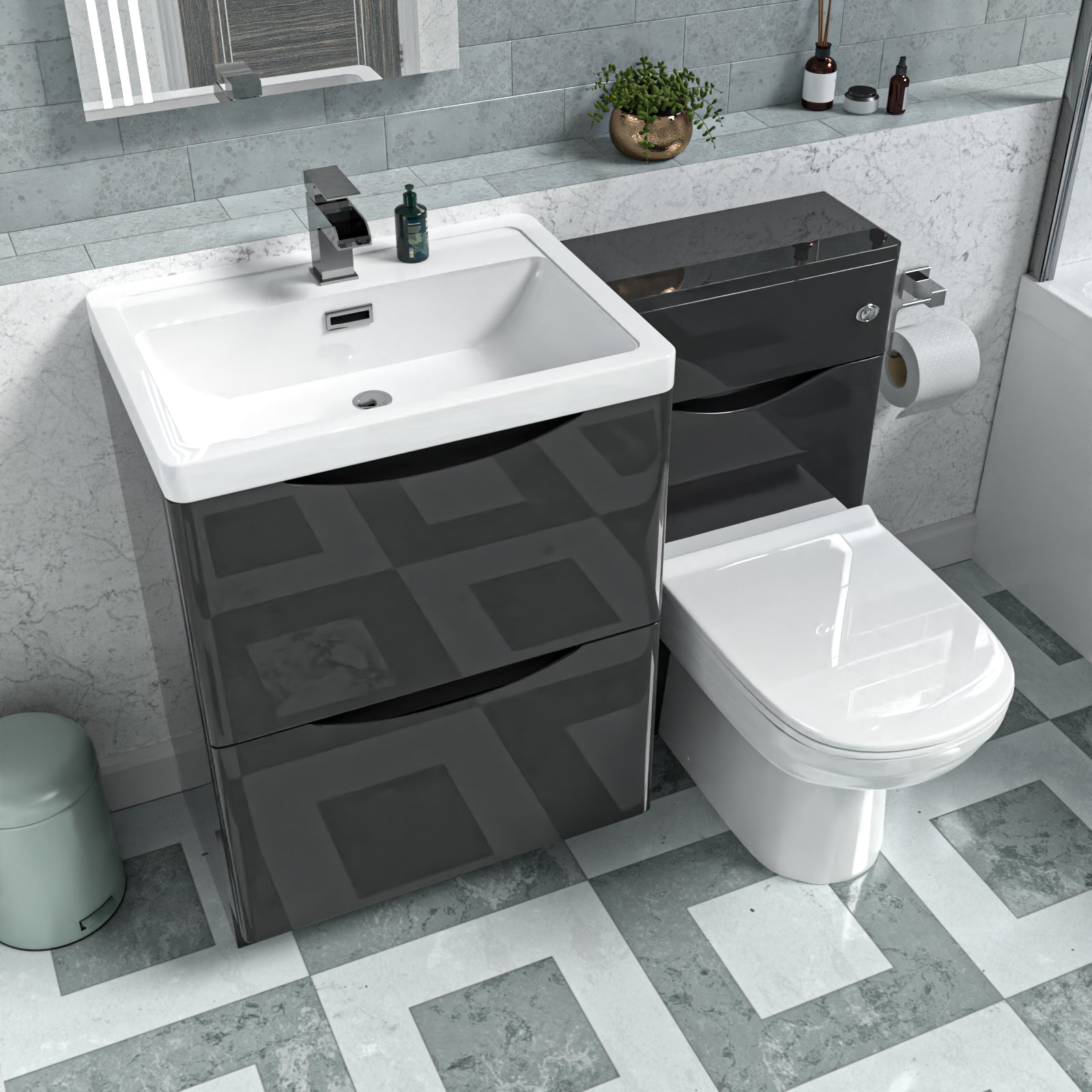 Merton Dark Grey 600mm Freestanding Basin Vanity WC Unit & Round BTW Toilet Set