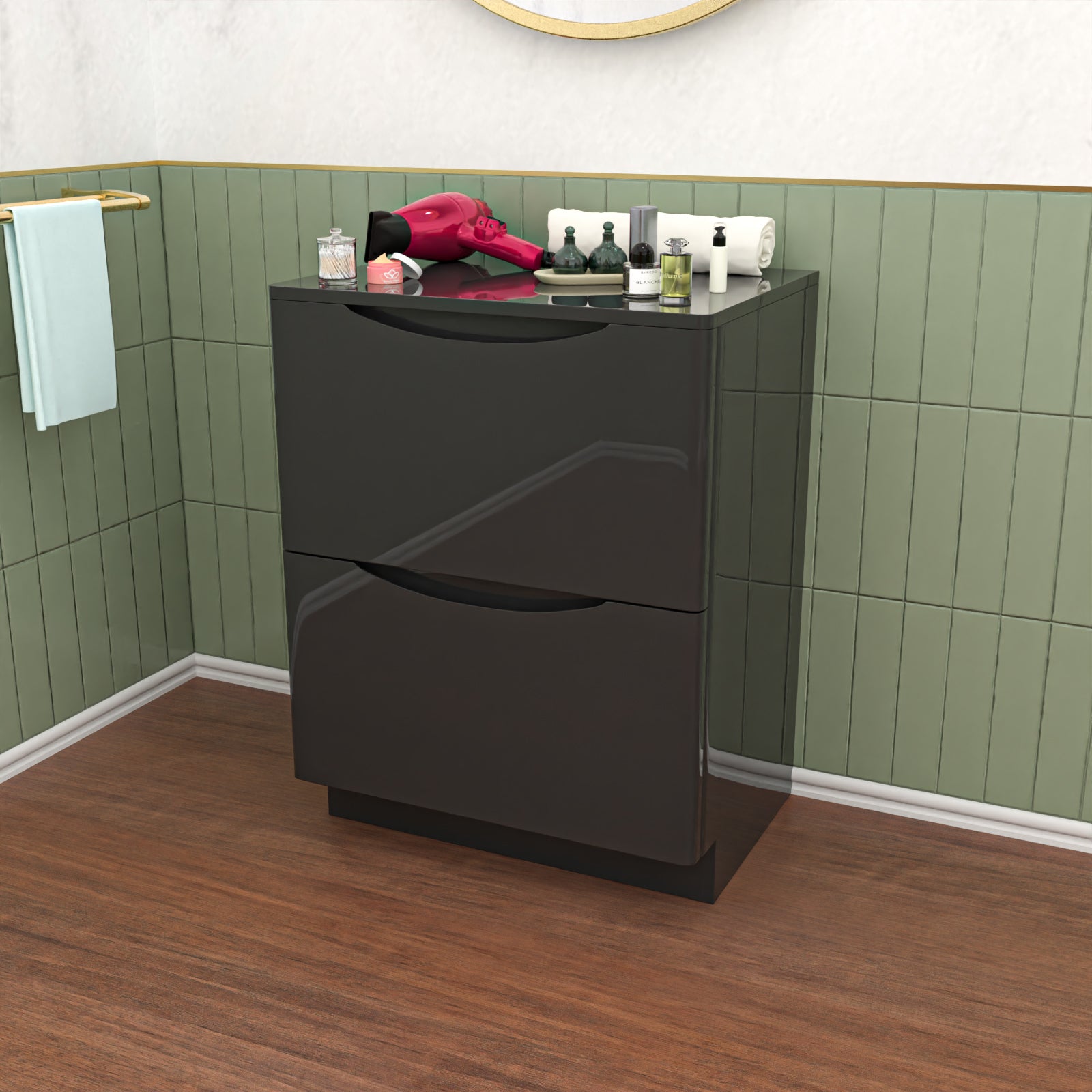 Merton Dark Grey 600mm 2 Drawer Work Top Freestanding Vanity Unit Bathroom