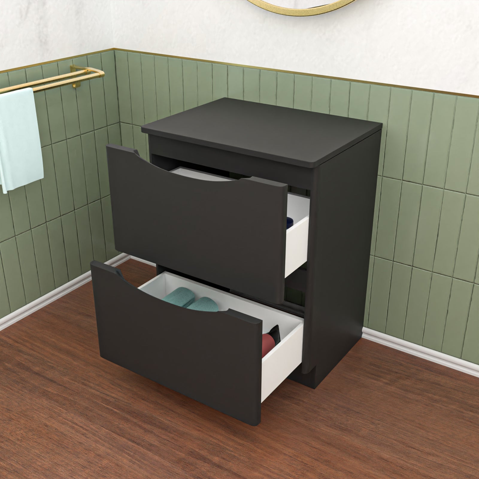 Merton Dark Grey 600mm 2 Drawer Work Top Freestanding Vanity Unit Bathroom