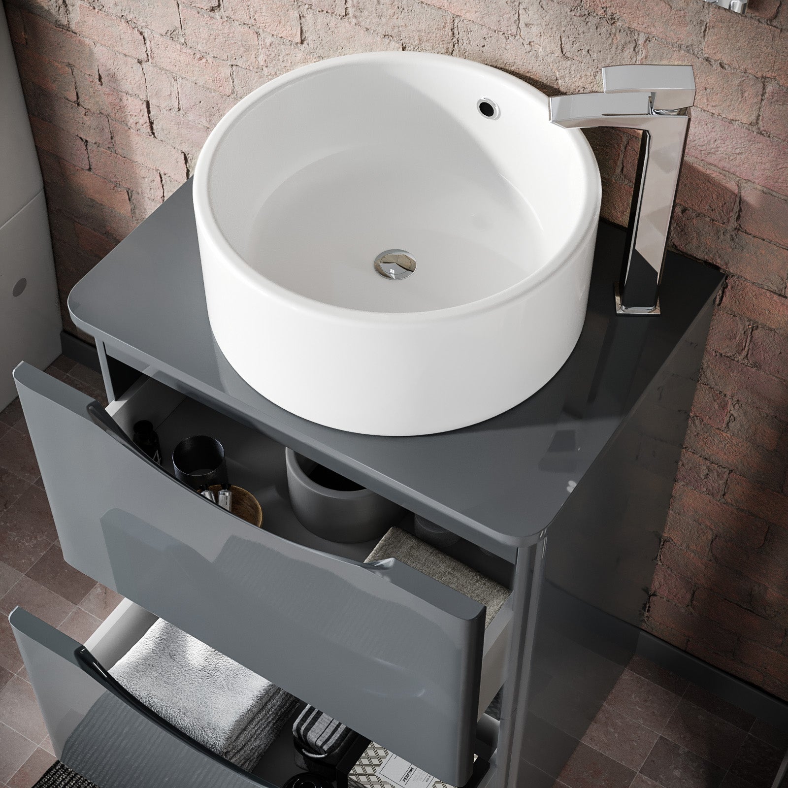 600mm Grey Freestanding Vanity With Worktop and 420mm Round Basin
