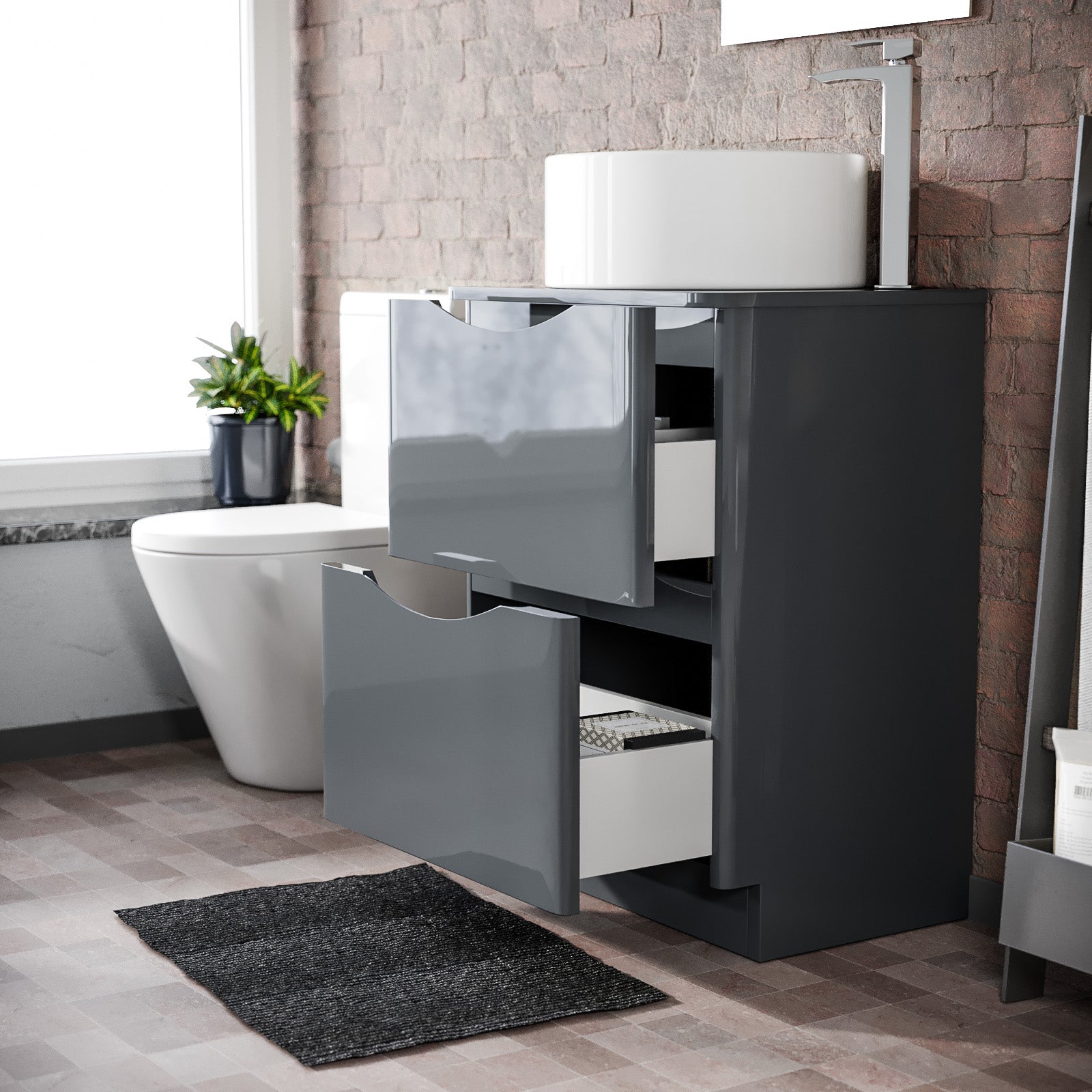 600mm Grey Freestanding Vanity With Worktop and 420mm Round Basin