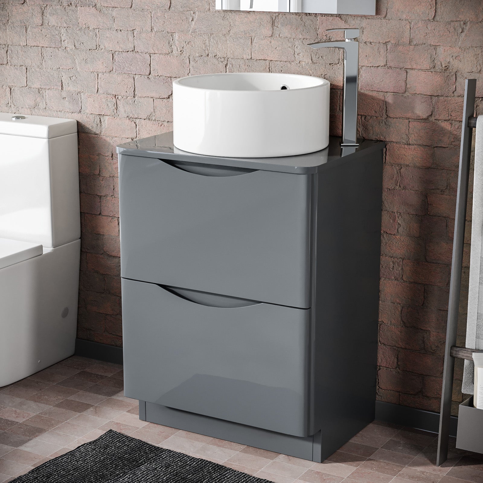 600mm Grey Freestanding Vanity With Worktop and 420mm Round Basin