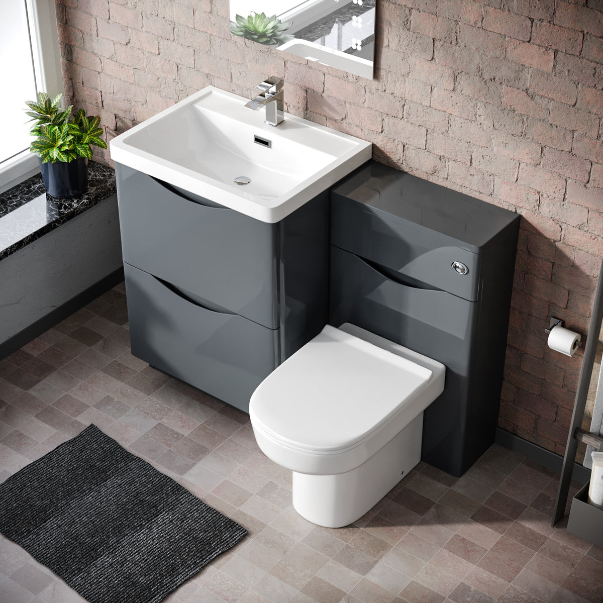 Merton 1100mm Vanity Basin Unit, WC Unit & Chem Back To Wall Toilet Dark Grey