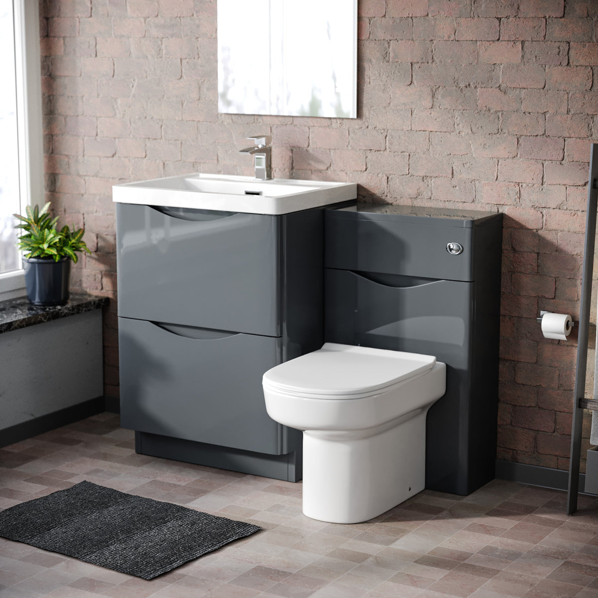 Merton 1100mm Vanity Basin Unit, WC Unit & Chem Back To Wall Toilet Dark Grey
