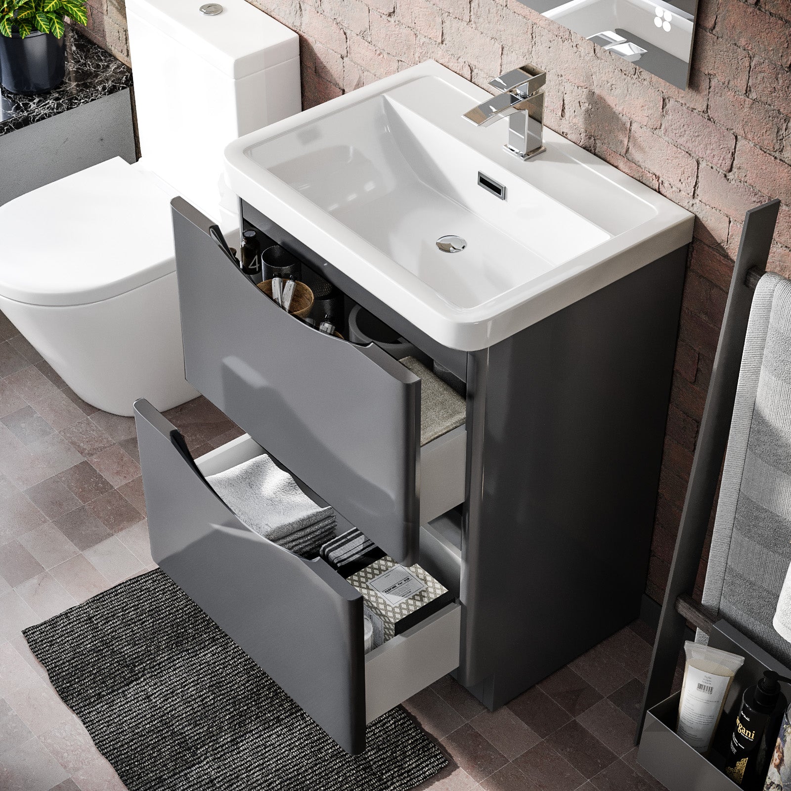 Merton 600mm Steel Grey Basin Vanity & Rimless Closed Coupled Toilet Flat Pack