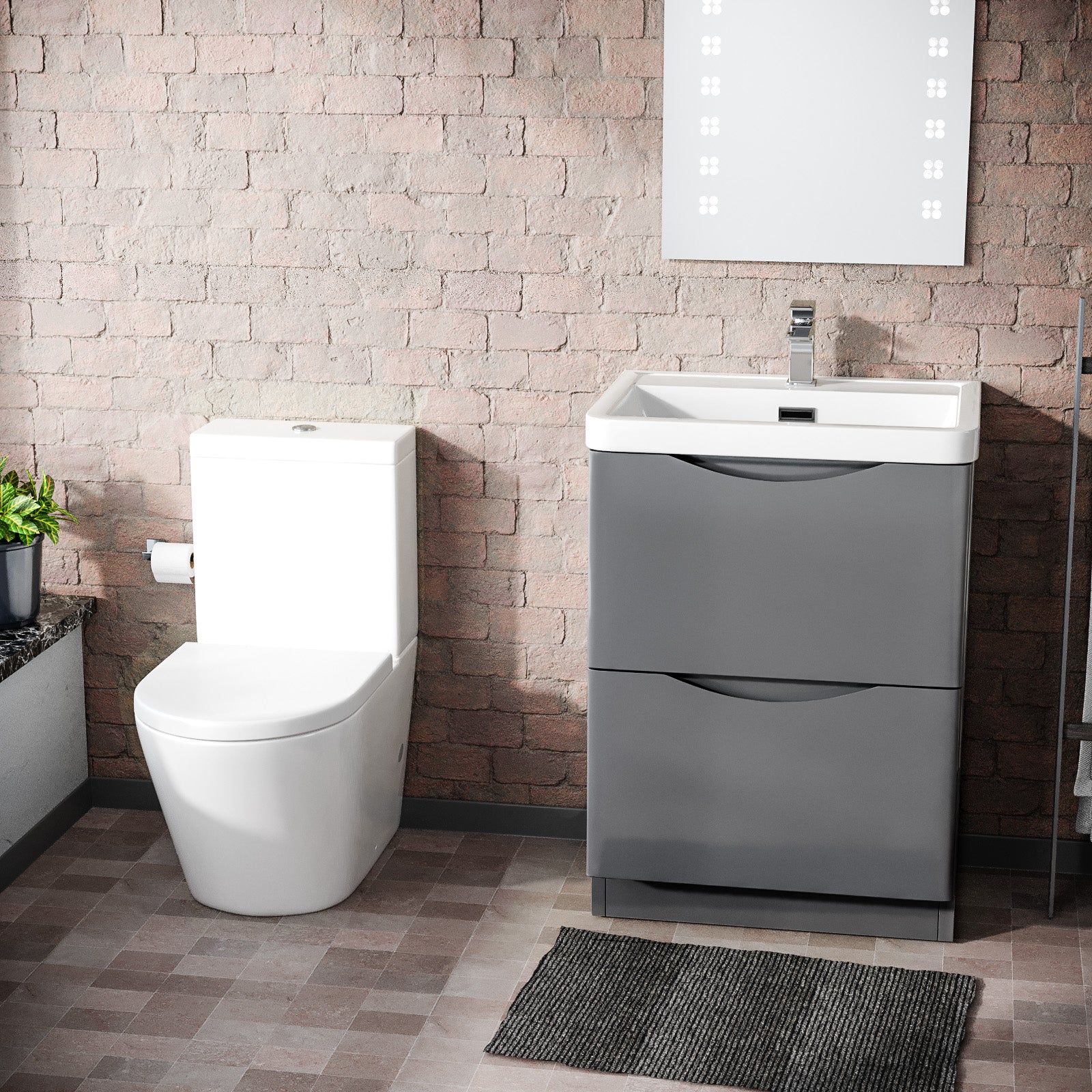 Merton 600mm Steel Grey Basin Vanity & Rimless Closed Coupled Toilet Flat Pack