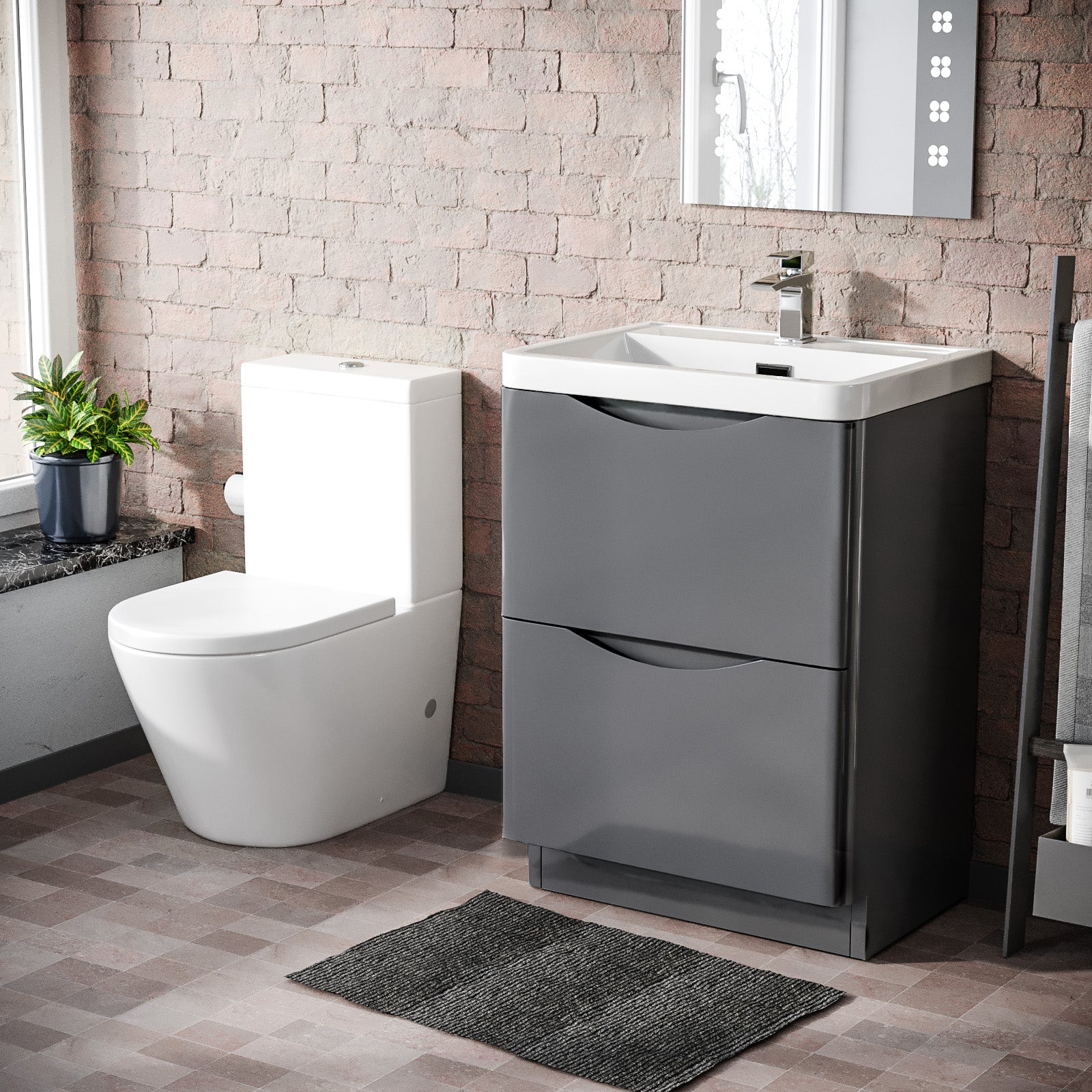 Merton 600mm Steel Grey Basin Vanity & Rimless Closed Coupled Toilet Flat Pack