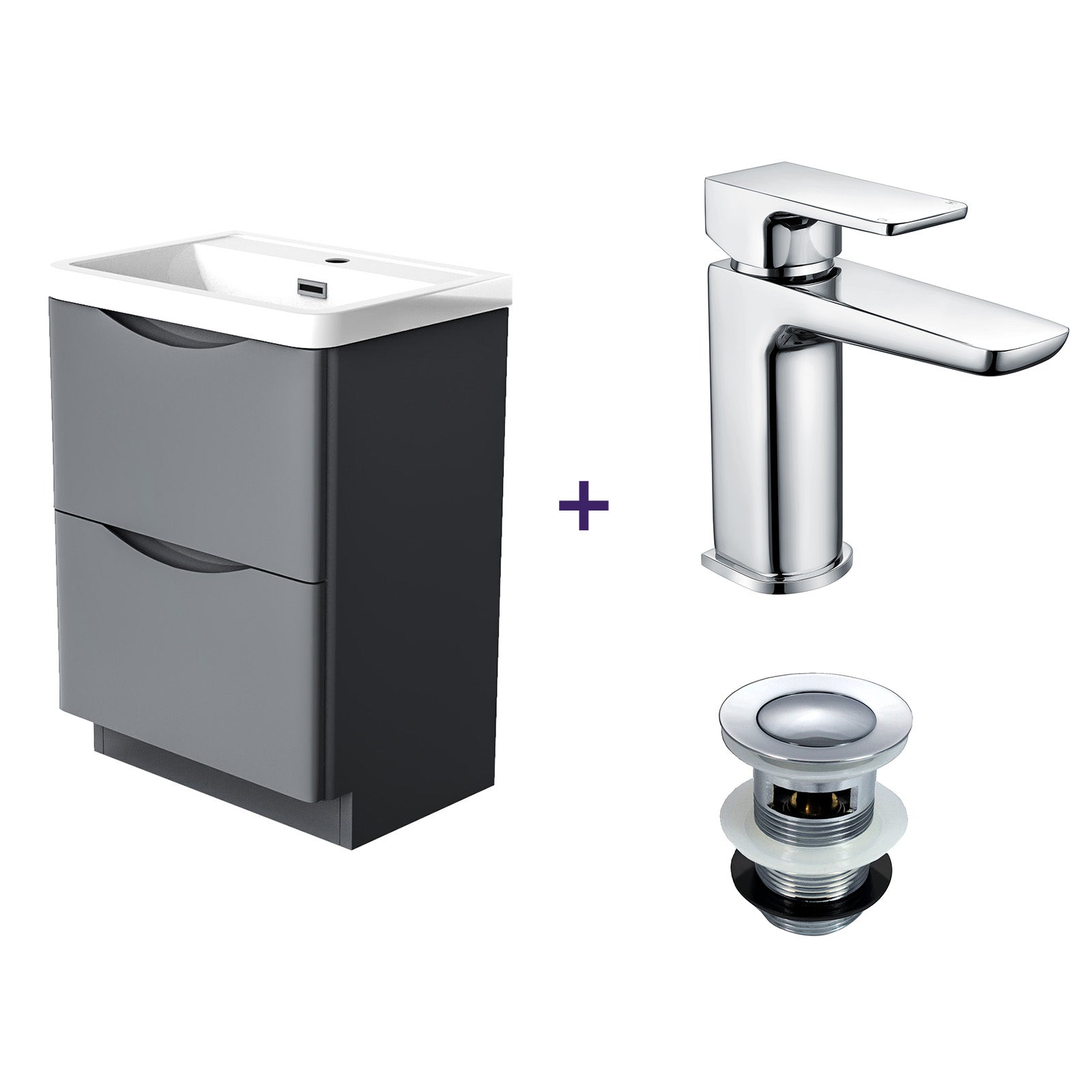 Merton Steel Grey Vanity Cabinet and Basin Mixer Tap with Waste Set