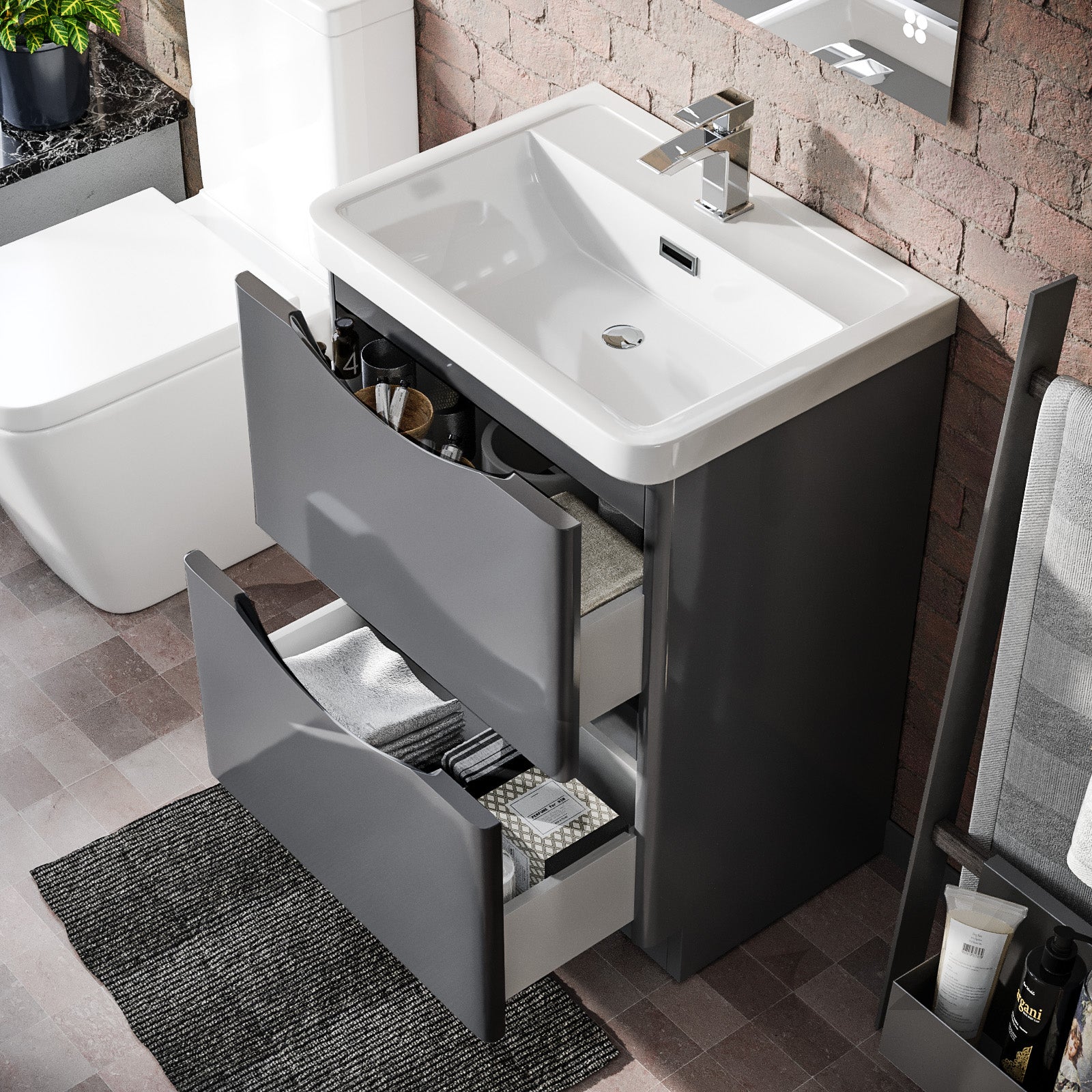 Merton 600mm Freestanding Vanity Basin Unit & Square Rimless Close Coupled Toilet Steel Grey