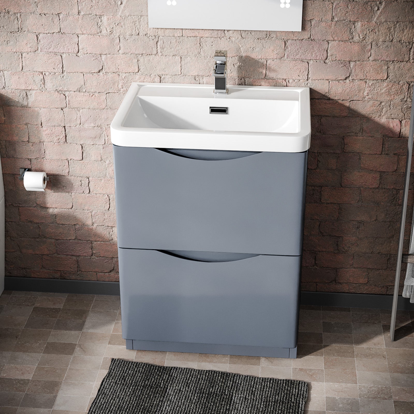 Merton Grey 600mm Freestanding Vanity Basin Unit & Square Rimless Close Coupled Toilet