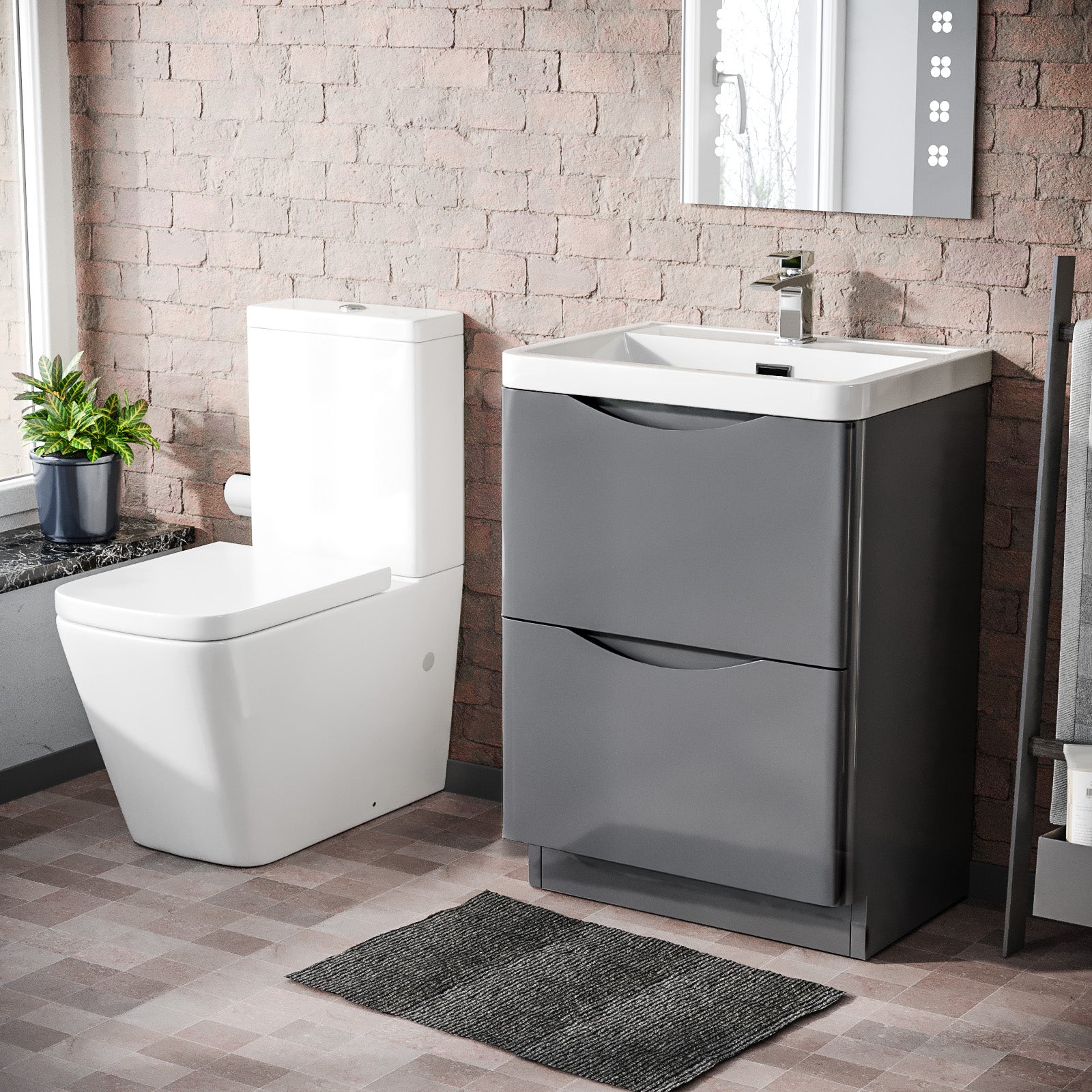 Merton 600mm Freestanding Vanity Basin Unit & Square Rimless Close Coupled Toilet Steel Grey