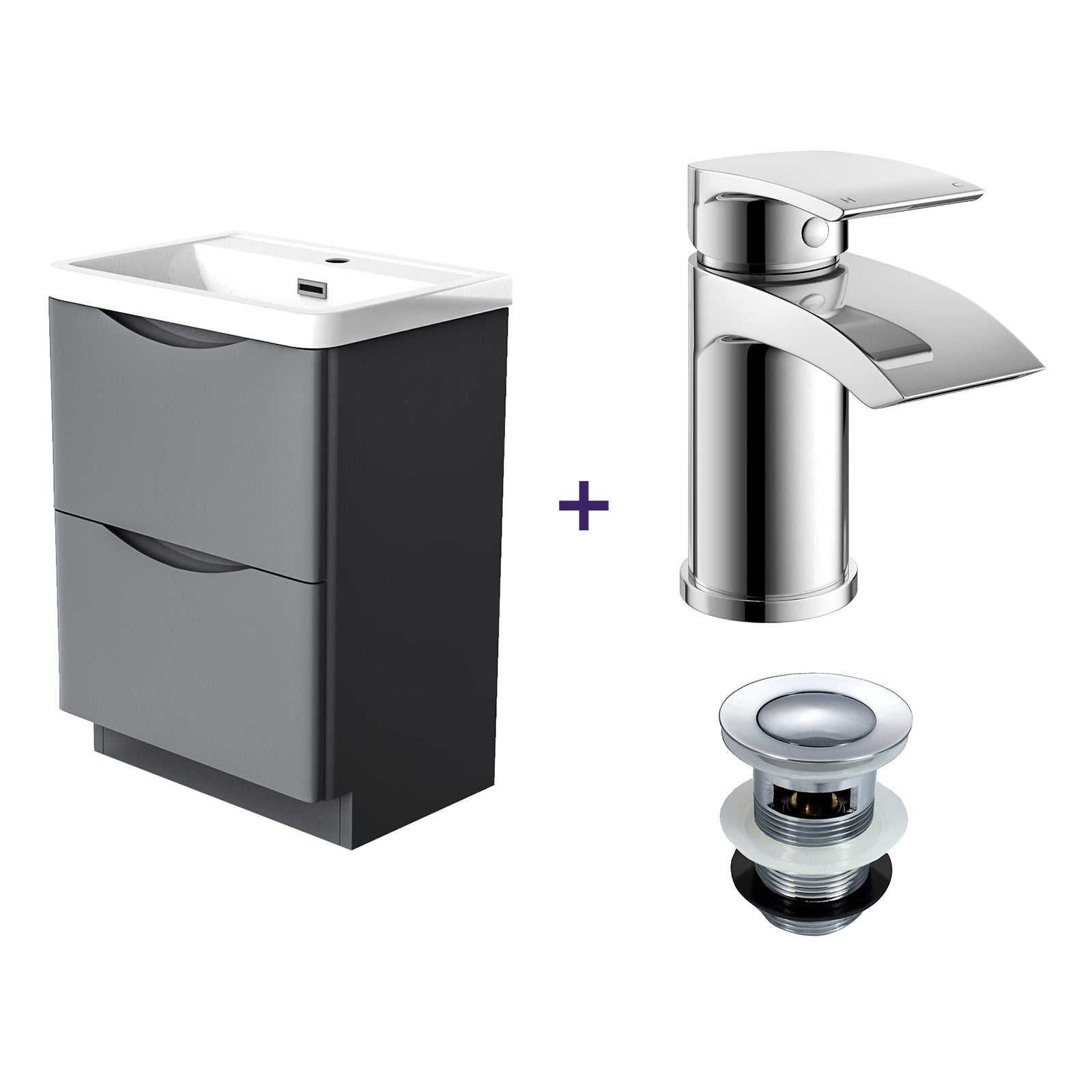 Merton Steel Grey Vanity Unit with Basin and Mono Mixer Tap with Waste Set