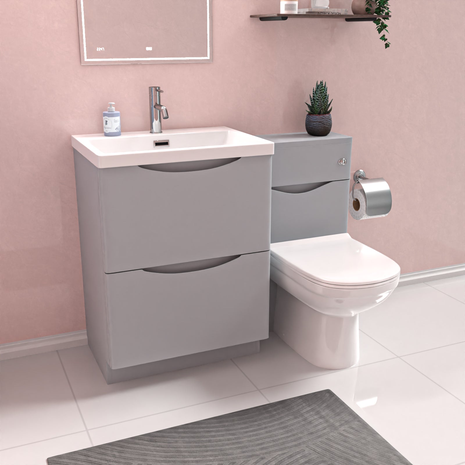Merton 1100mm Freestanding Matte Grey Vanity Cabinet, WC & Round BTW Toilet