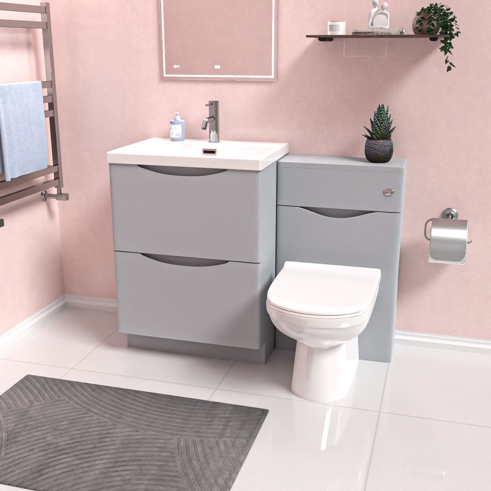 Merton 1100mm Freestanding Matte Grey Vanity Cabinet, WC & Round BTW Toilet