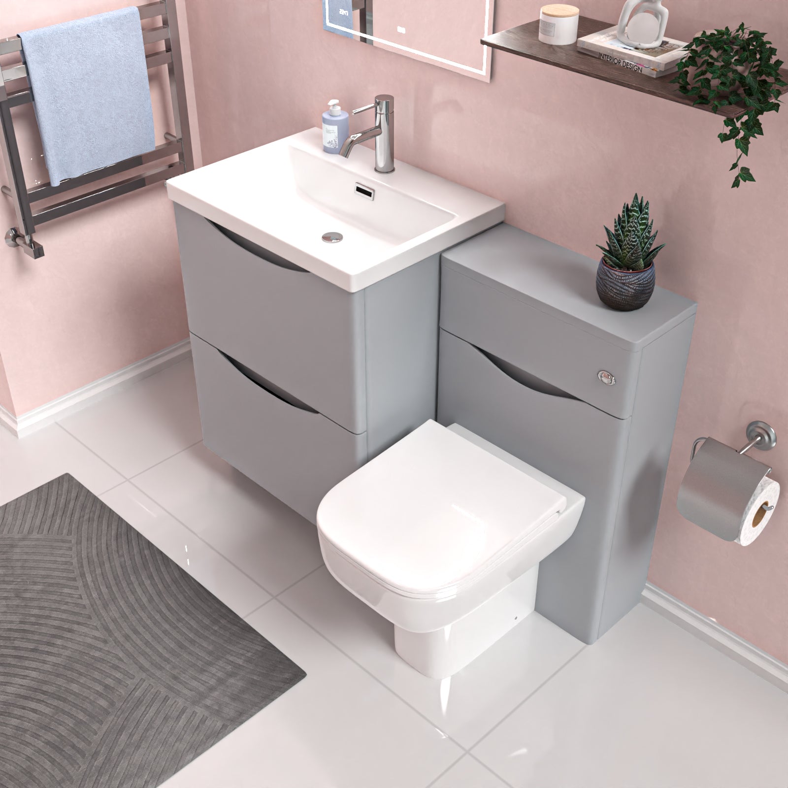 Merton 1100mm Freestanding Matte Grey Vanity Cabinet, WC & Modern BTW Toilet