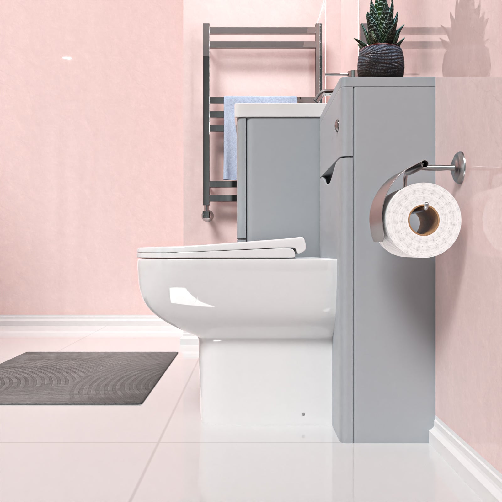 Bathroom with a toilet, gray cabinet,