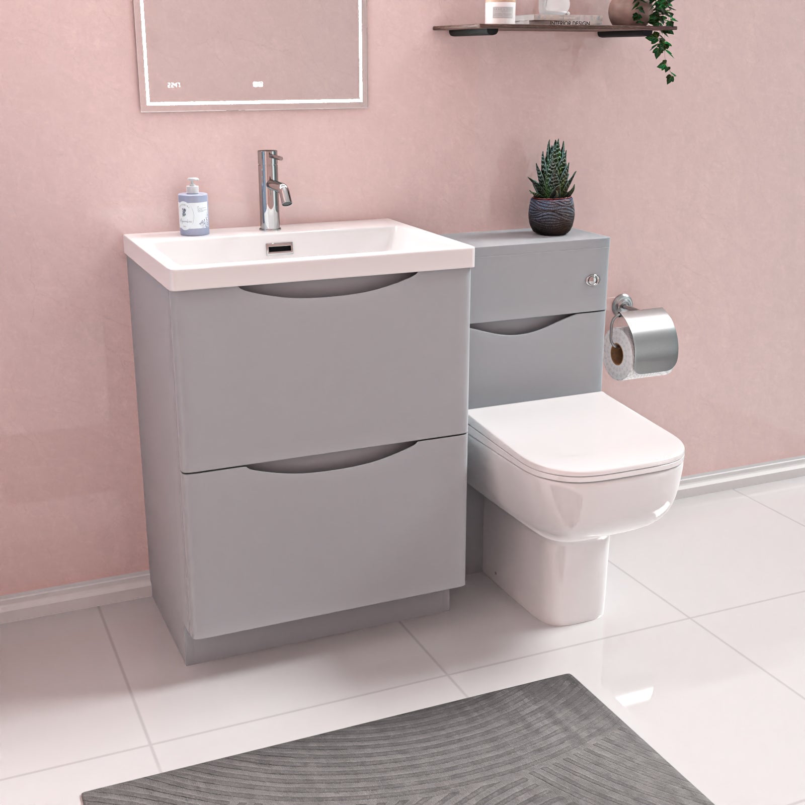 Merton 1100mm Freestanding Matte Grey Vanity Cabinet, WC & Modern BTW Toilet
