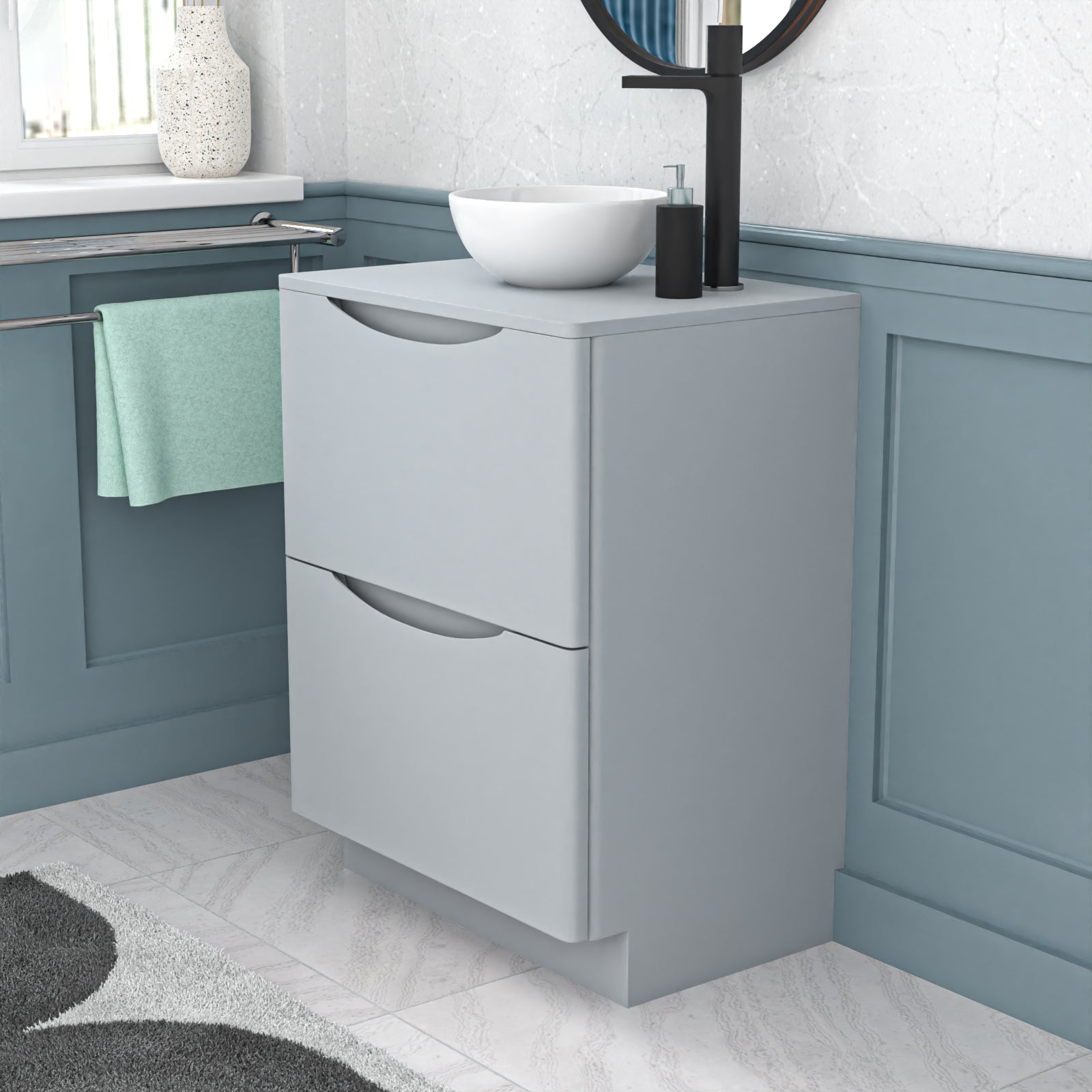 Merton 600mm Freestanding Matte Grey Vanity Unit Round Bowl Basin