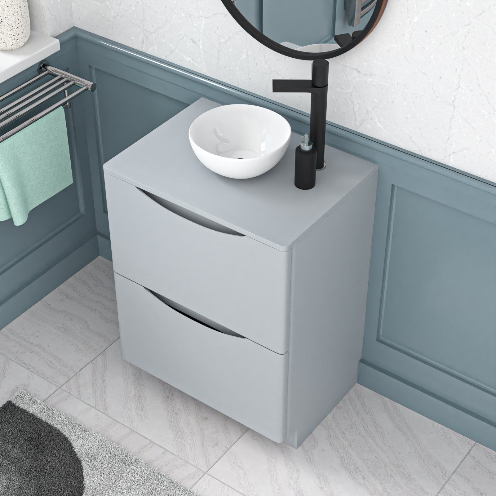 Merton 600mm Freestanding Matte Grey Vanity Unit Round Bowl Basin