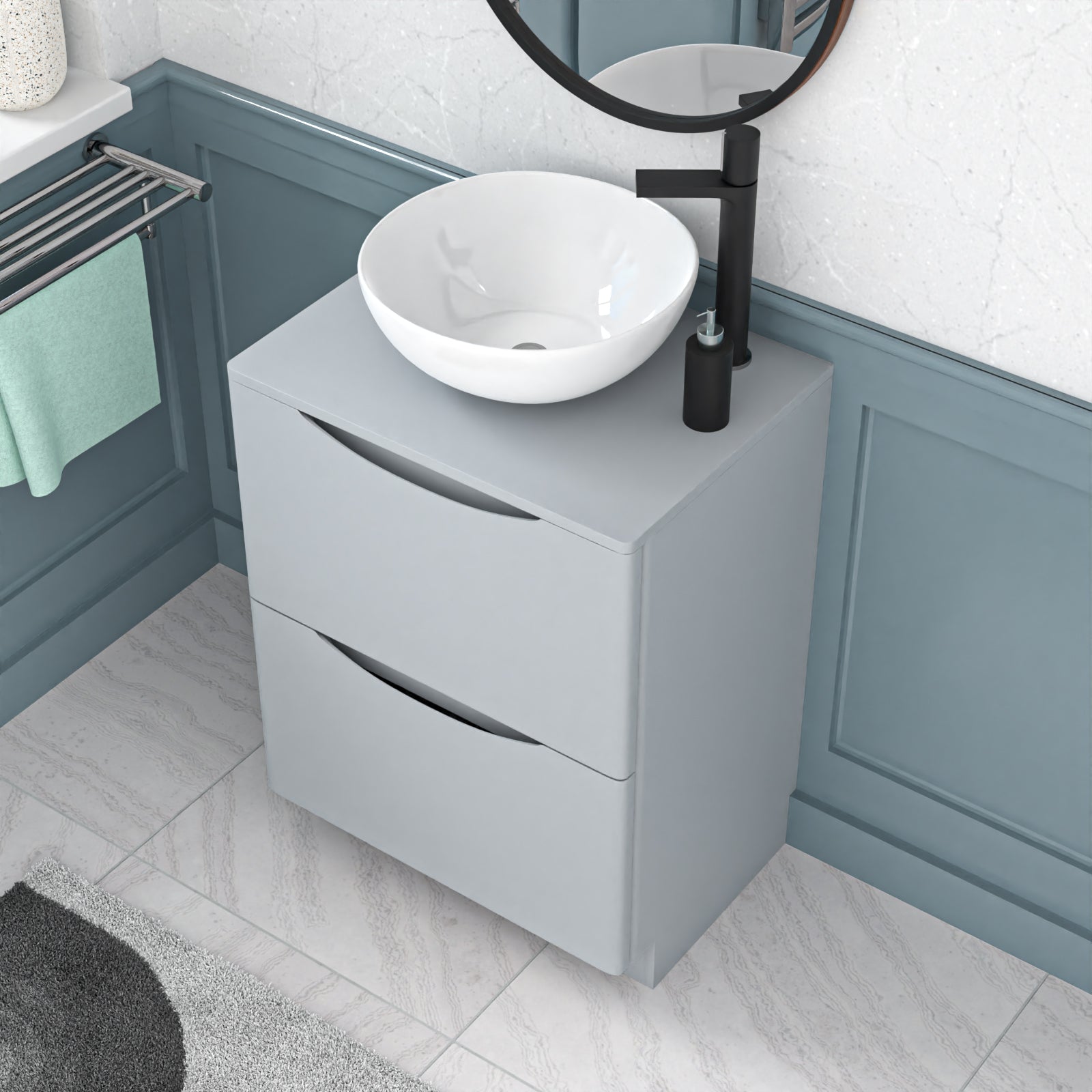 Merton 600mm Freestanding Matte Grey Vanity Unit Round Basin Bowl