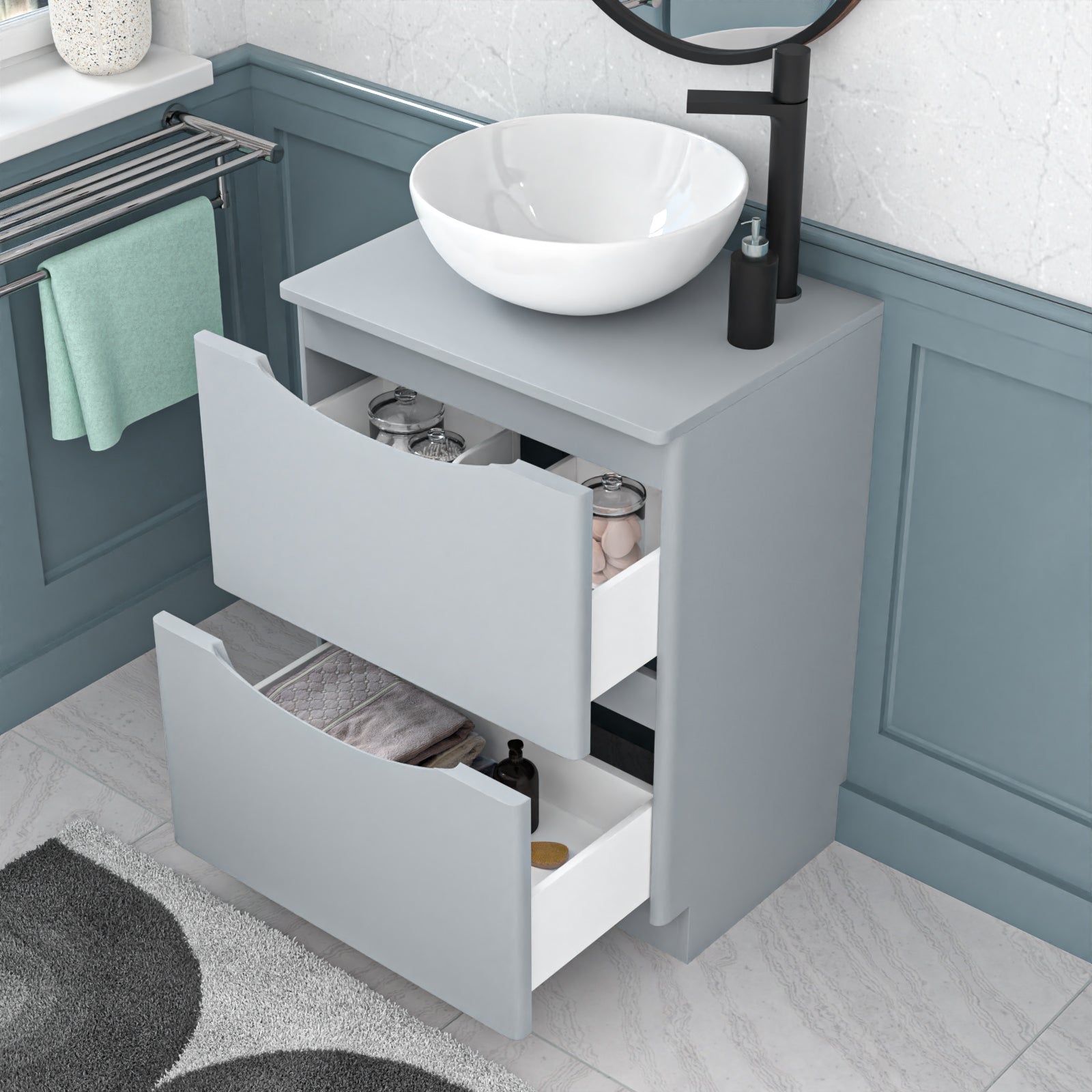 Merton 600mm Freestanding Matte Grey Vanity Unit Round Basin Bowl