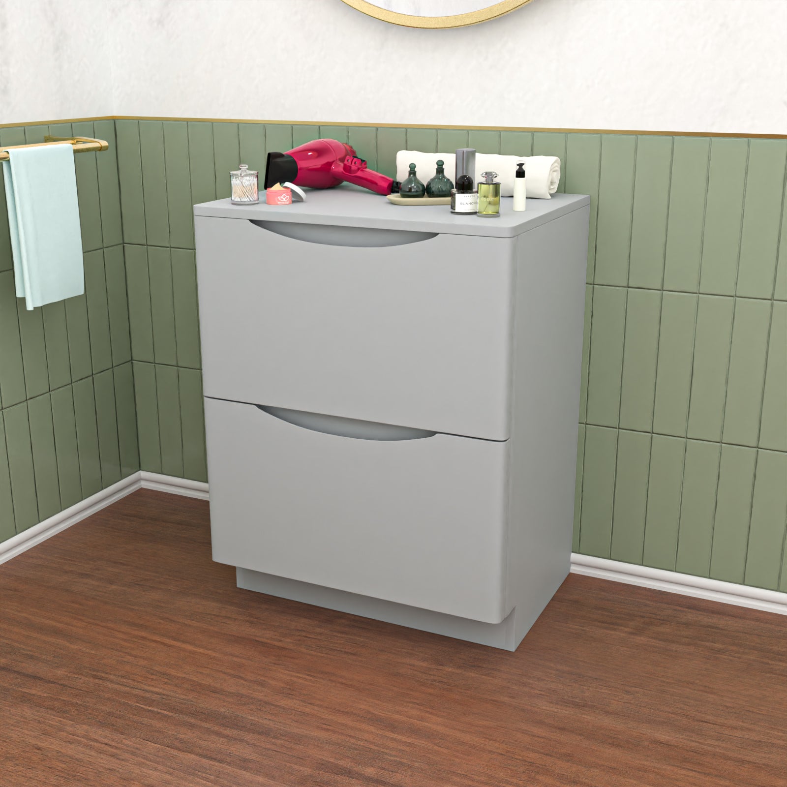 Merton Matte Grey 600mm 2 Drawer Work Top Freestanding Vanity Unit Bathroom