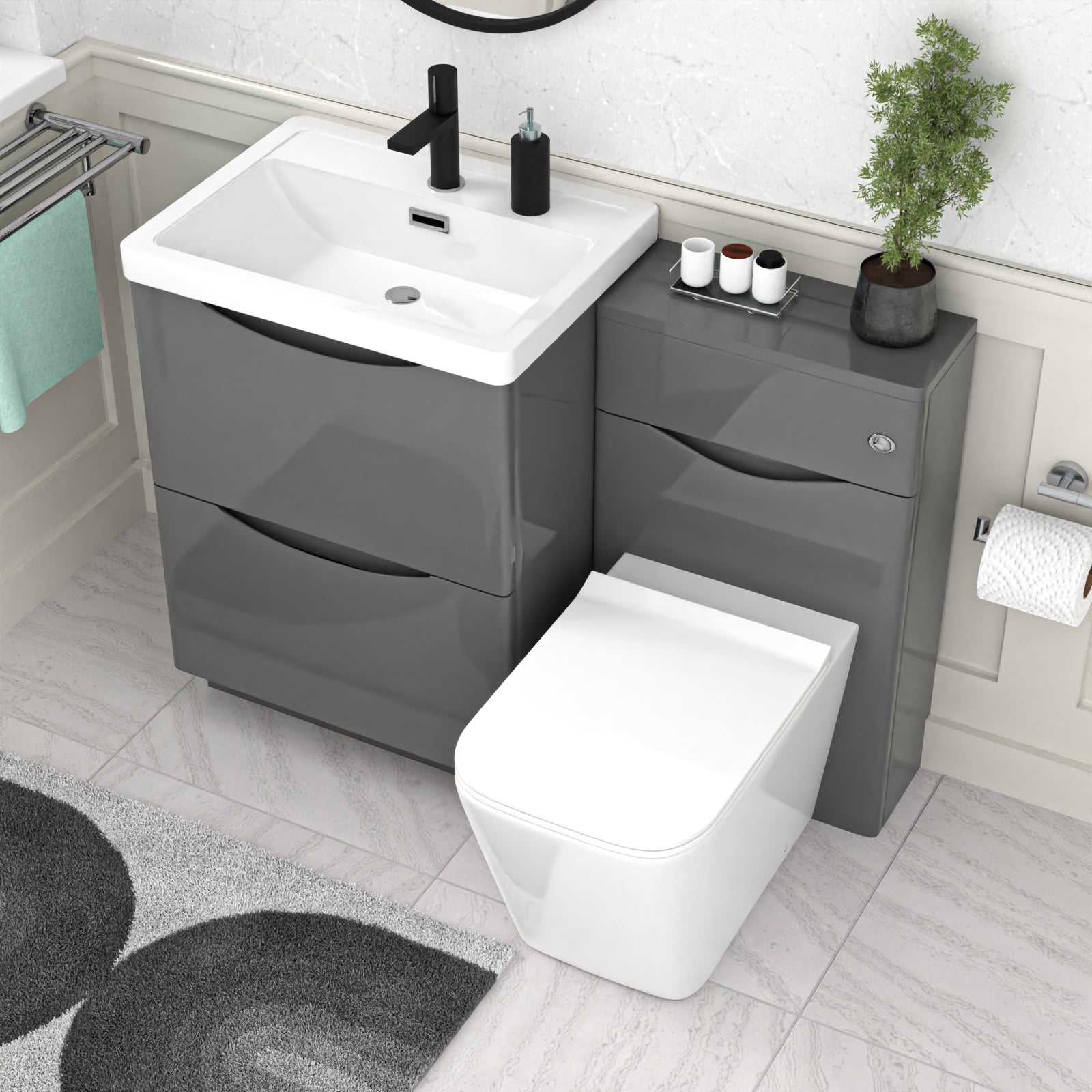 Merton 1100mm Grey Freestanding Vanity Cabinet, WC & Square BTW Toilet
