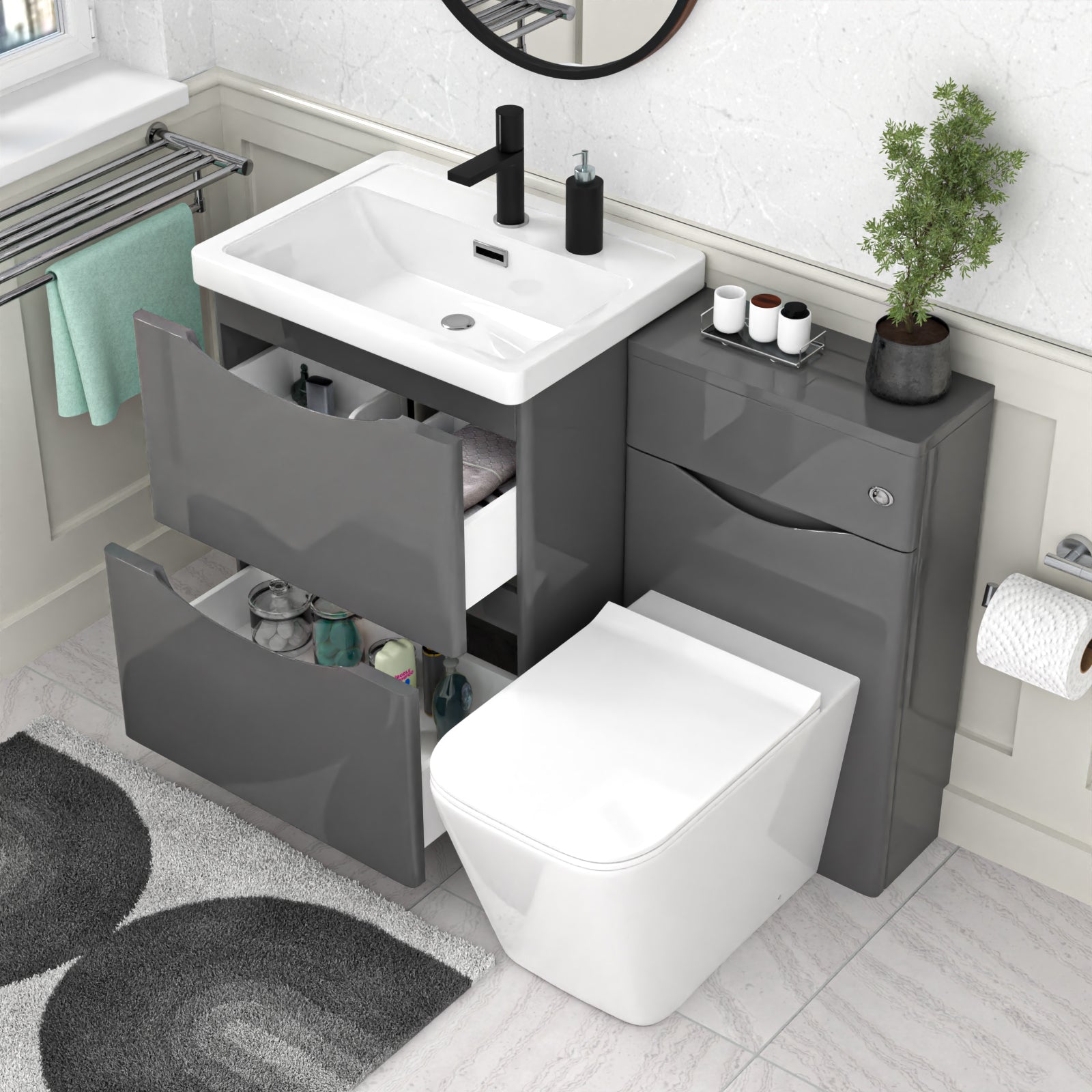 Merton 1100mm Grey Freestanding Vanity Cabinet, WC & Square BTW Toilet