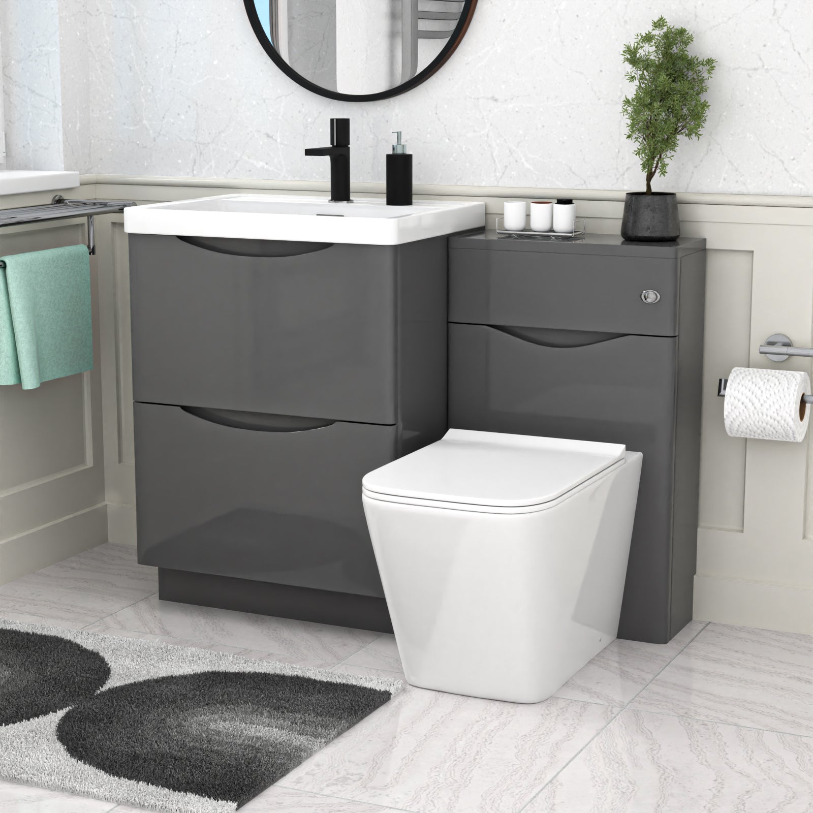 Merton 1100mm Grey Freestanding Vanity Cabinet, WC & Square BTW Toilet