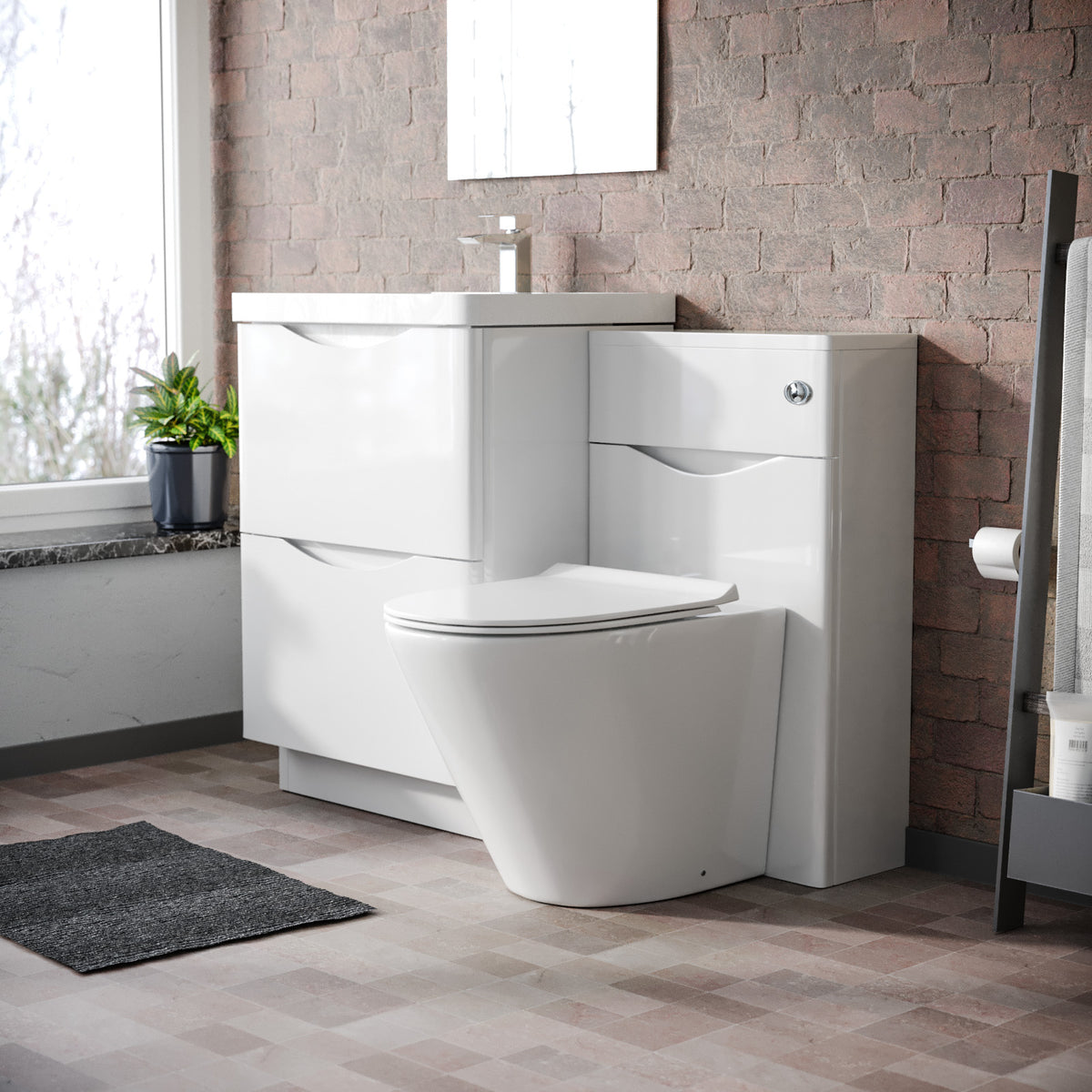 Merton 1100mm Freestanding White Vanity Cabinet, WC & Rimless Modern BTW Toilet Set