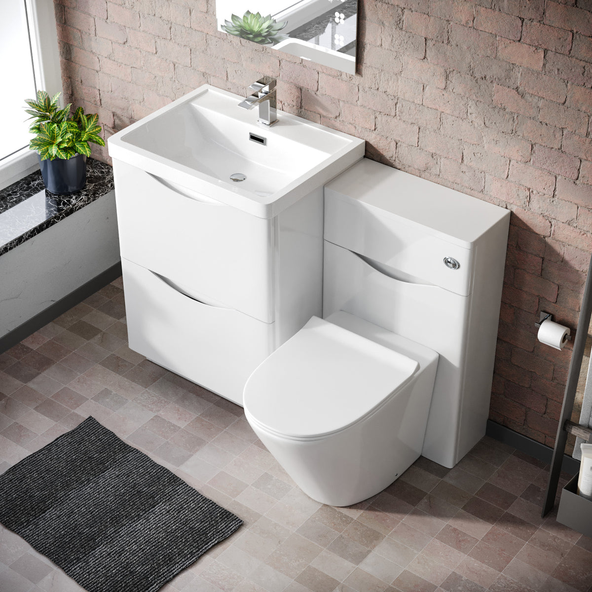 Merton 1100mm Freestanding White Vanity Cabinet, WC & Rimless Modern BTW Toilet Set