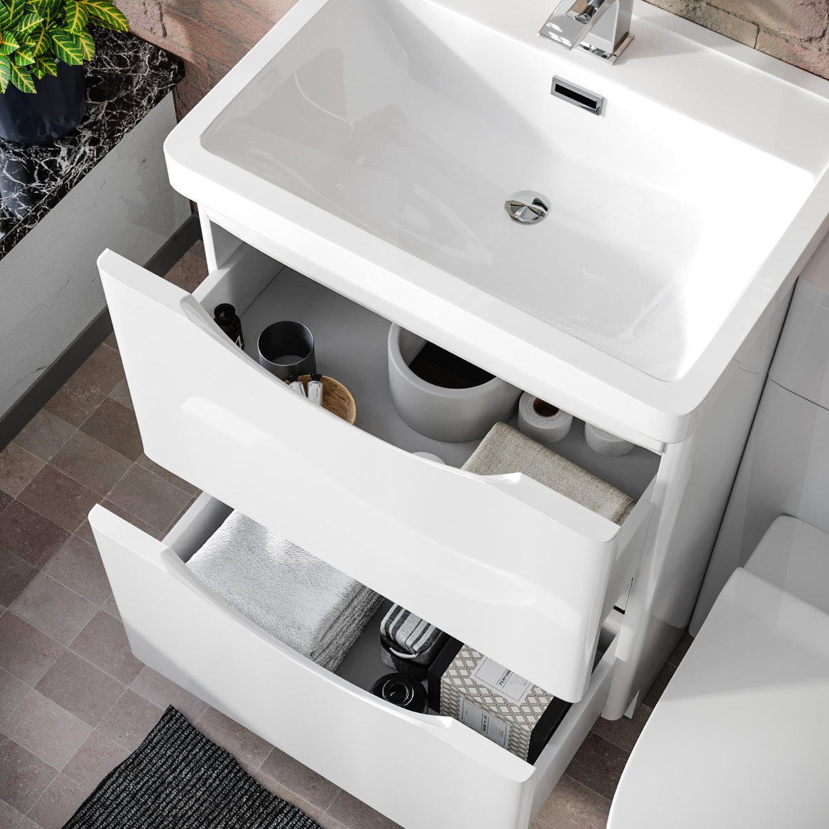 Merton 1100mm Freestanding White Vanity Cabinet, WC & Rimless Modern BTW Toilet Set