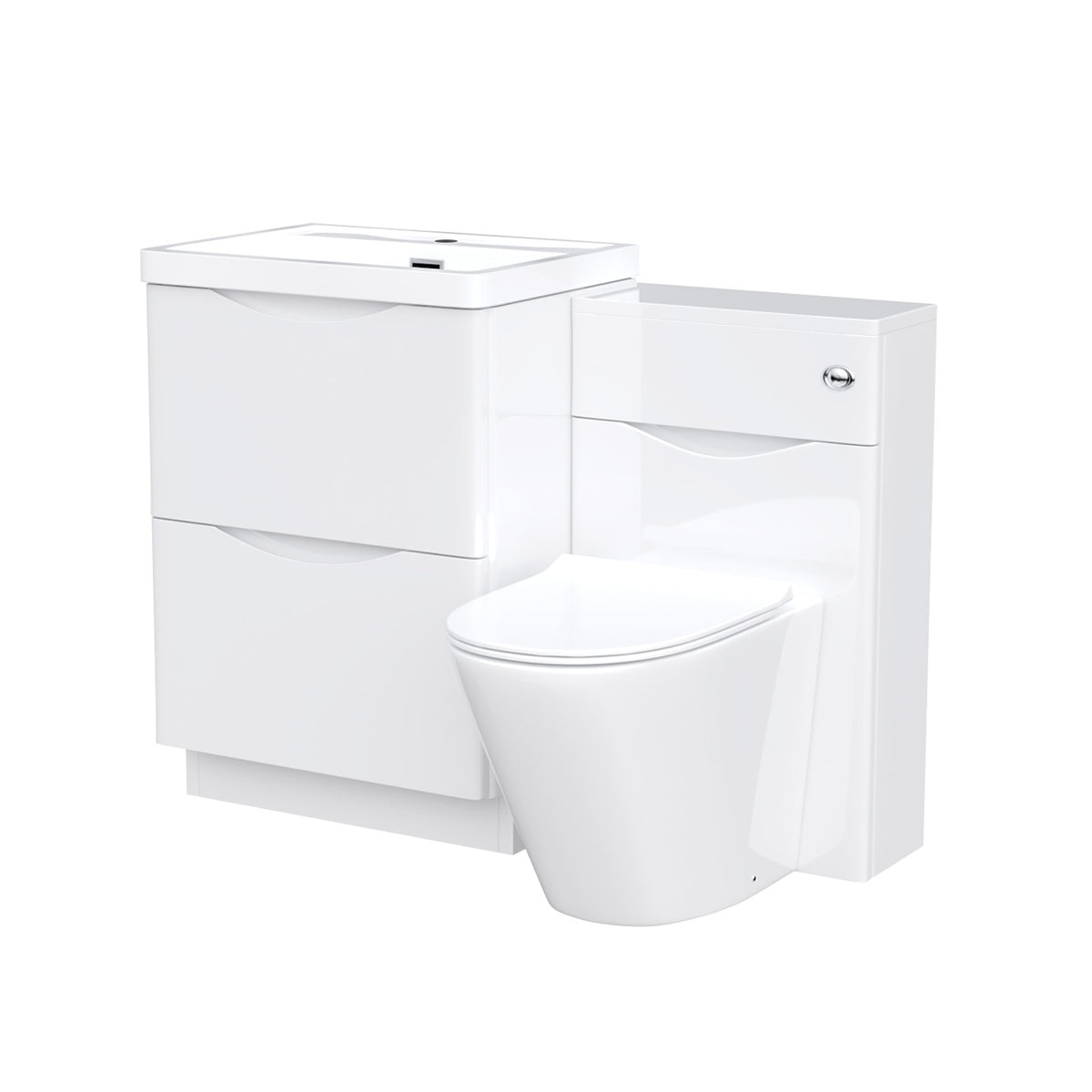 Merton 1100mm Freestanding White Vanity Cabinet, WC & Rimless Modern BTW Toilet Set