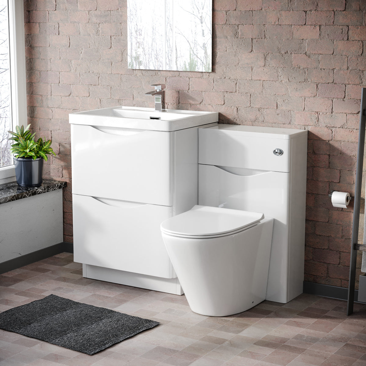 Merton 1100mm Freestanding White Vanity Cabinet, WC & Rimless Modern BTW Toilet Set