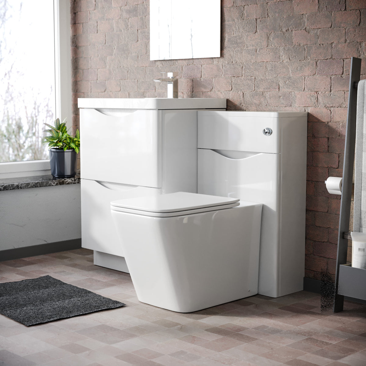 Merton 1100mm Freestanding White Vanity Cabinet, WC & Rimless Square BTW Toilet Set