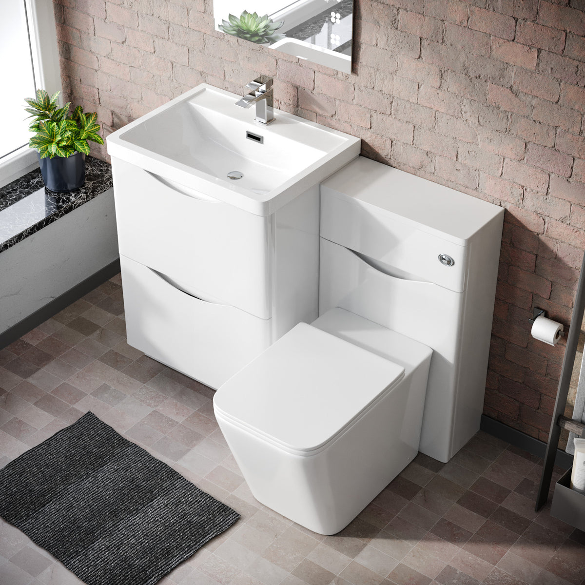 Merton 1100mm Freestanding White Vanity Cabinet, WC & Rimless Square BTW Toilet Set