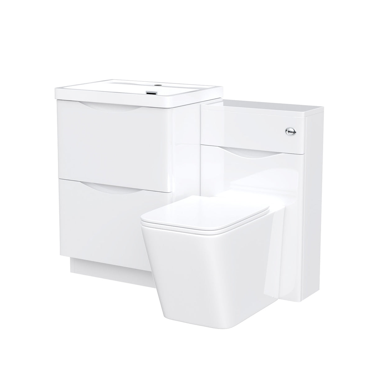 Merton 1100mm Freestanding White Vanity Cabinet, WC & Rimless Square BTW Toilet Set