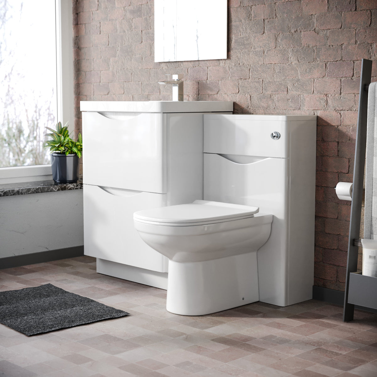 Merton 1100mm Freestanding White Basin Vanity Cabinet, WC & Round BTW Toilet Set