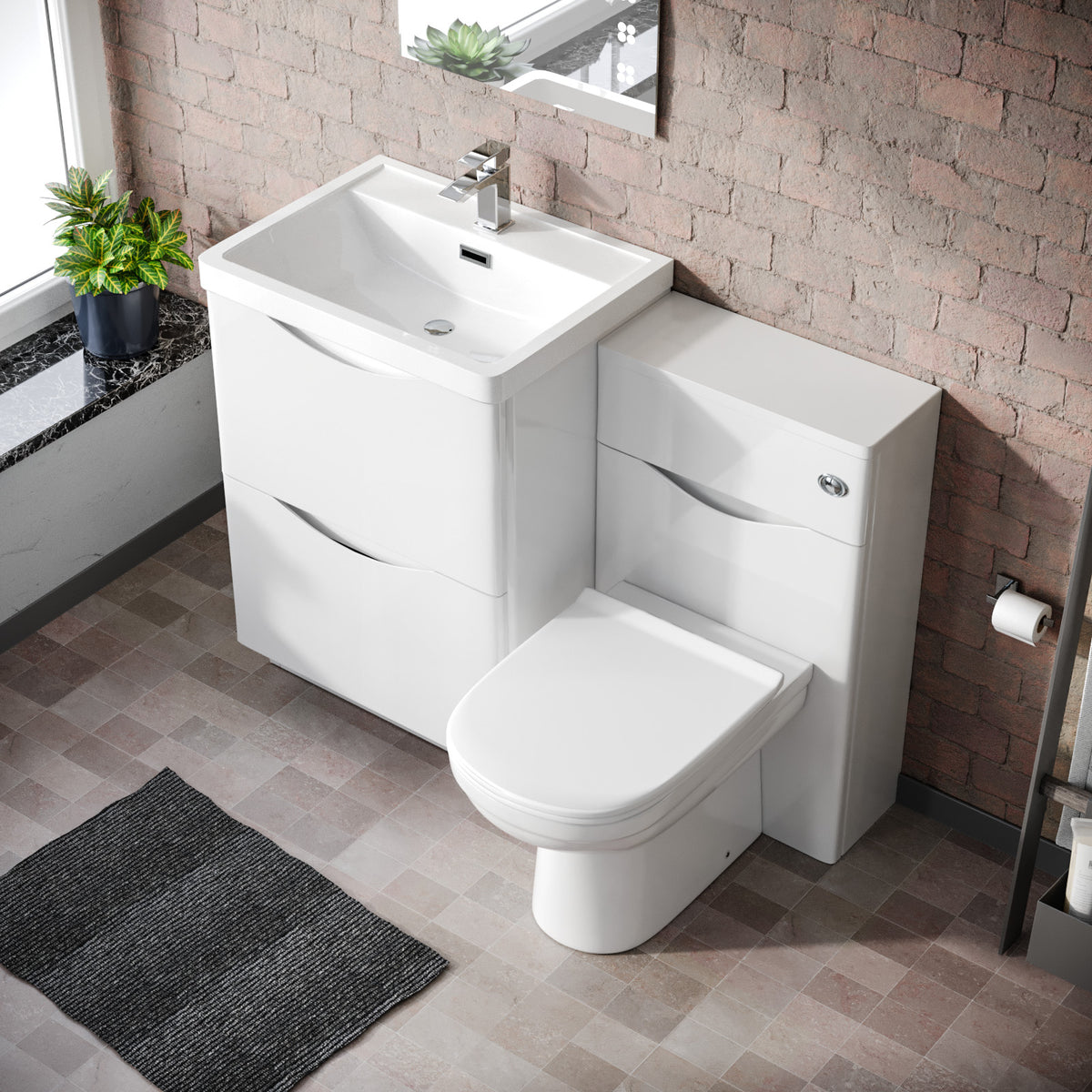 Merton 1100mm Freestanding White Basin Vanity Cabinet, WC & Round BTW Toilet Set