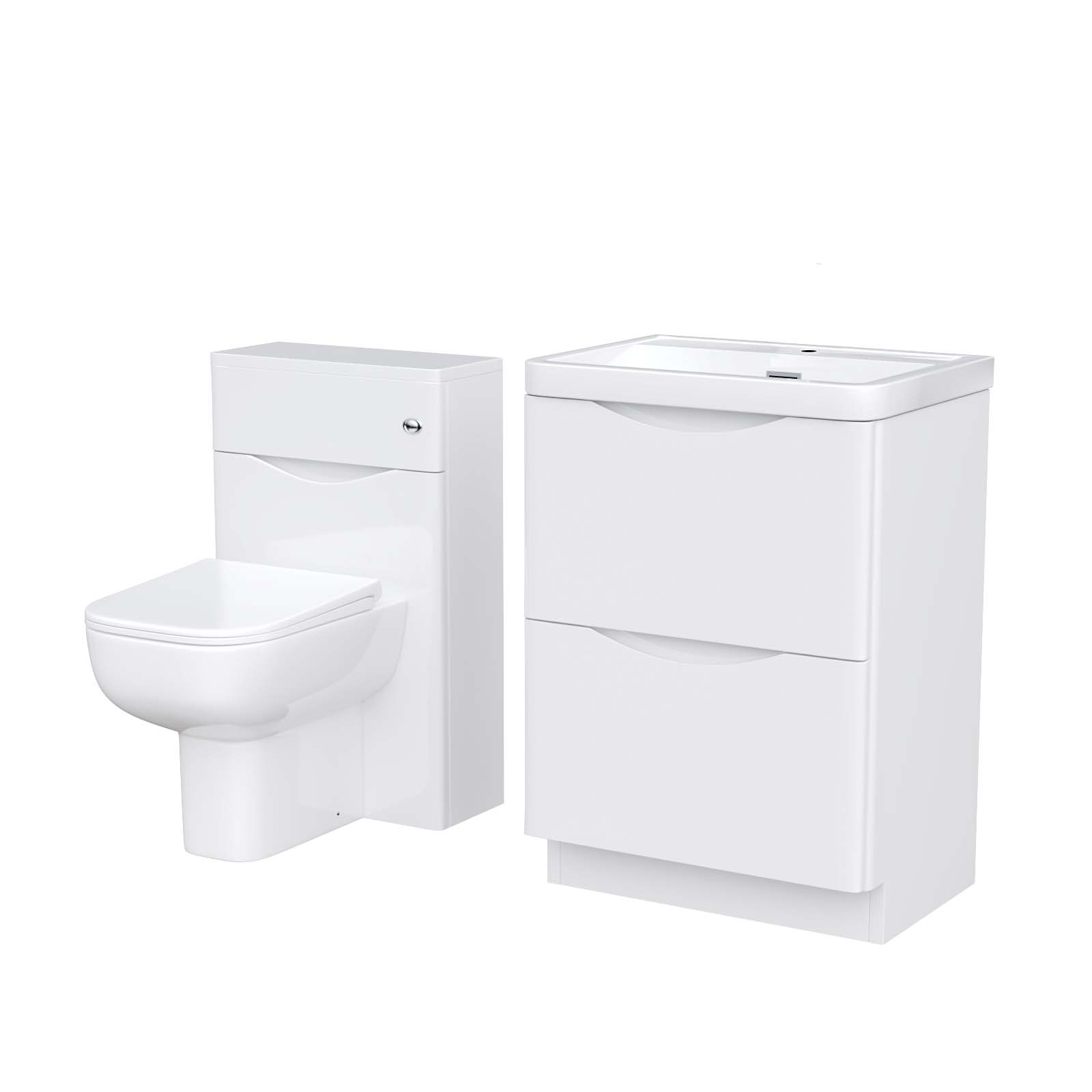Merton 600mm Freestanding White Basin Vanity Cabinet, WC & Rimless Modern BTW Toilet Set